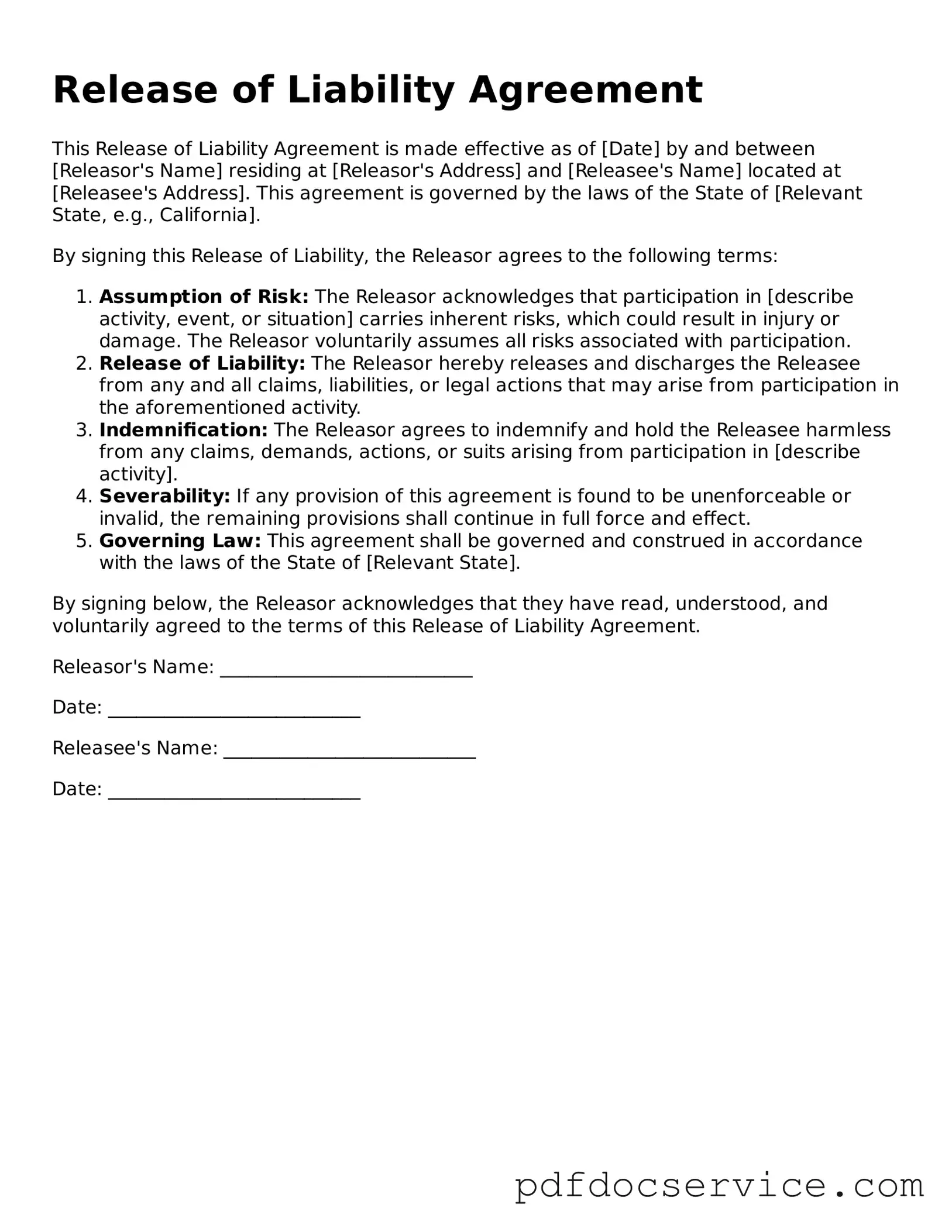 Blank Release of Liability Form