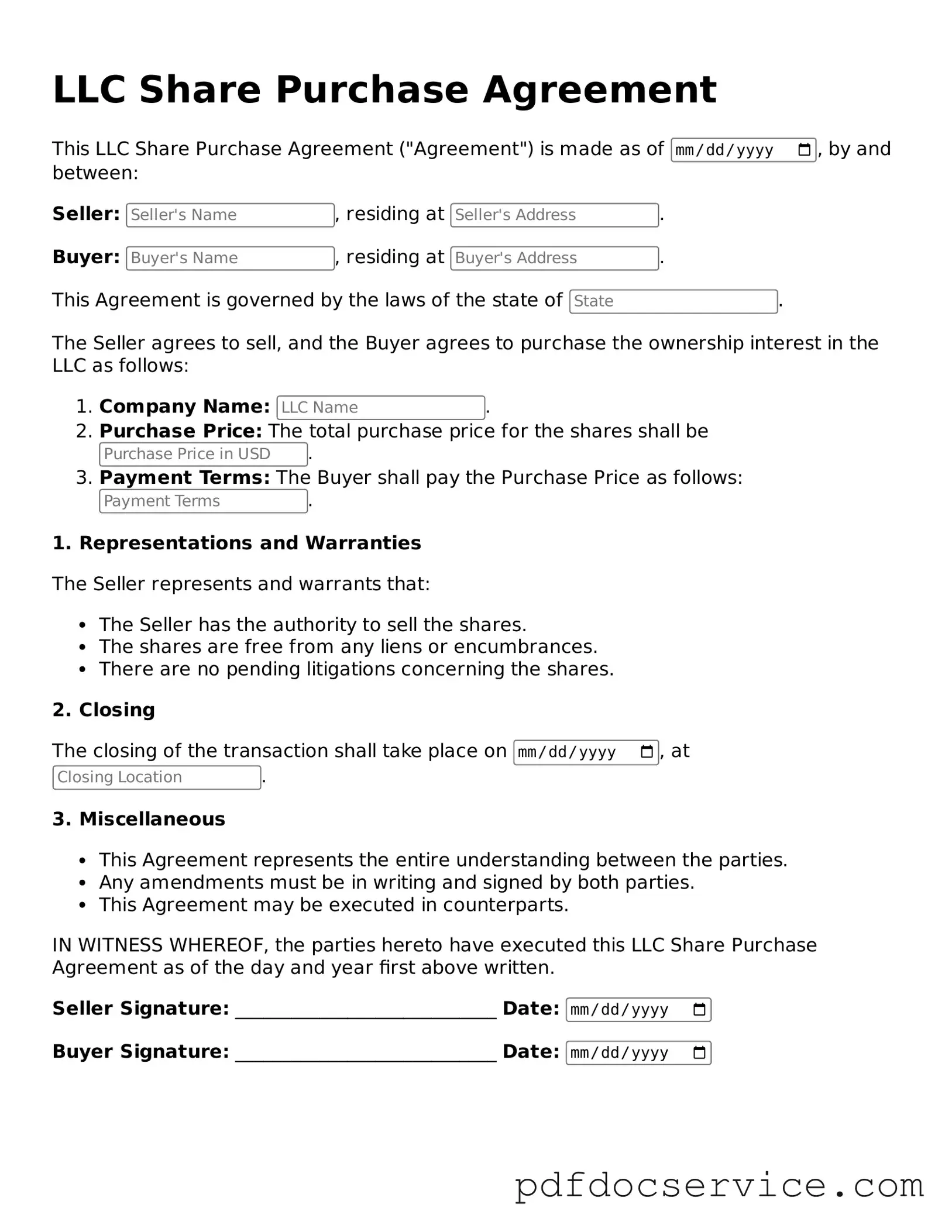 Blank LLC Share Purchase Agreement Form