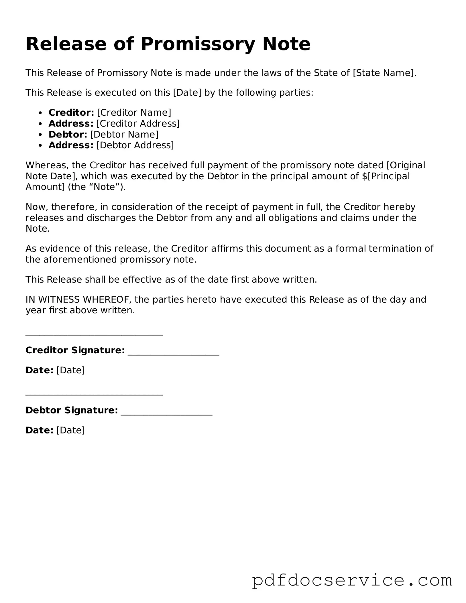 Blank Release of Promissory Note Form