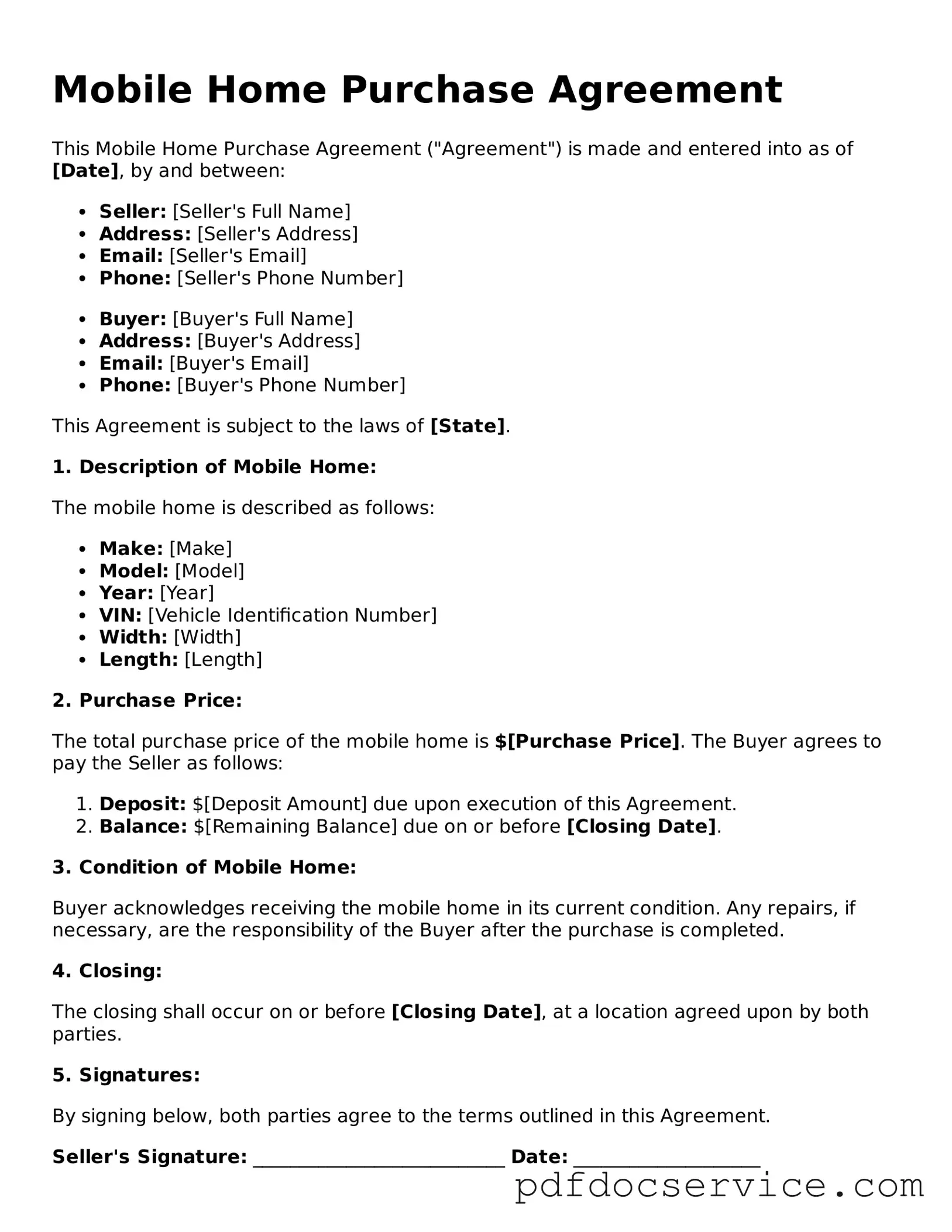 Blank Mobile Home Purchase Agreement Form