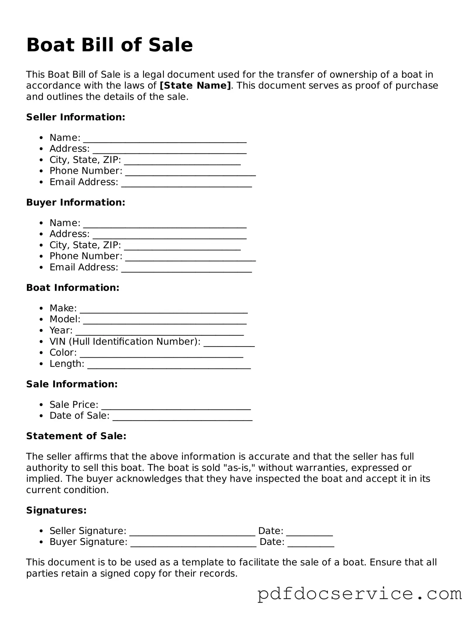 Blank Boat Bill of Sale Form