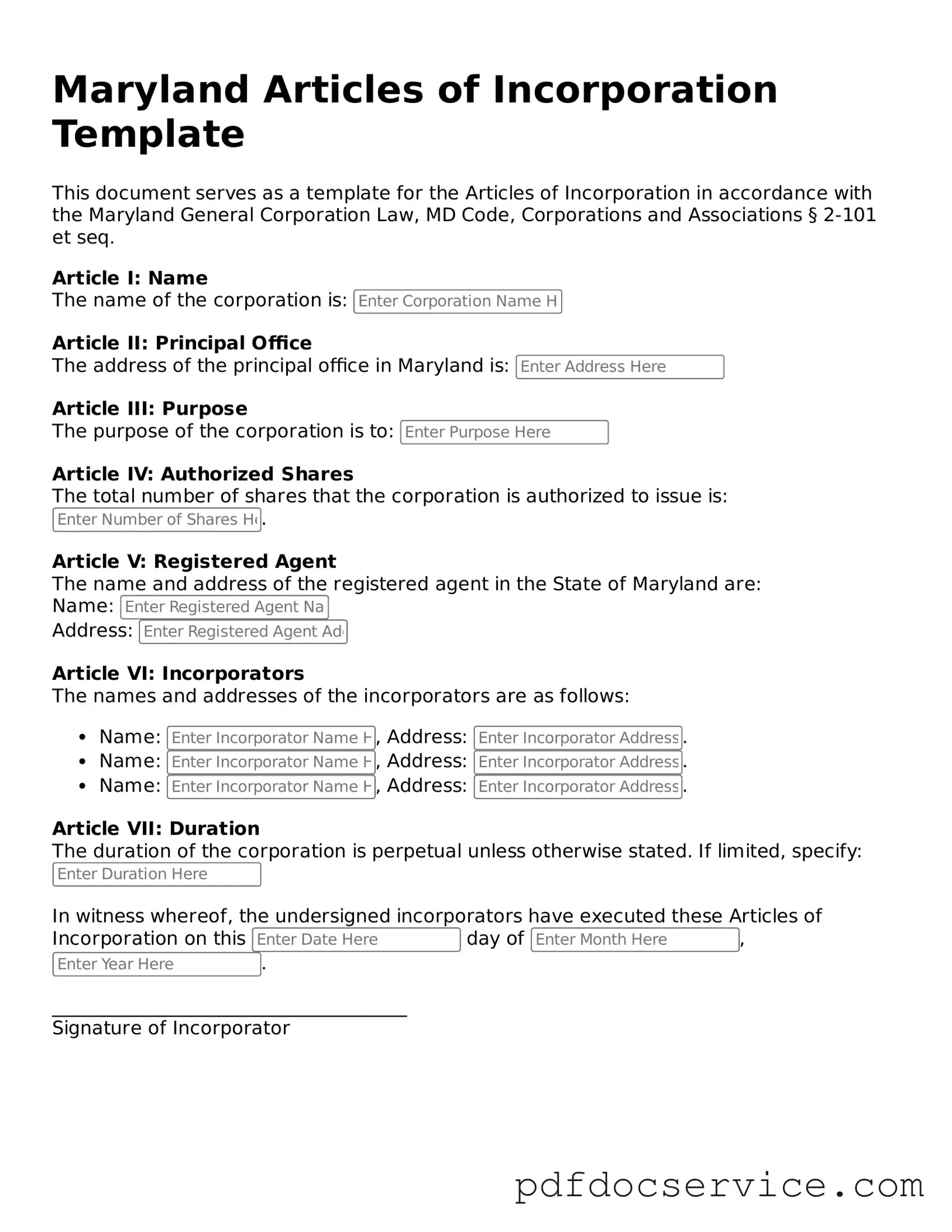 Printable  Articles of Incorporation Template for Maryland