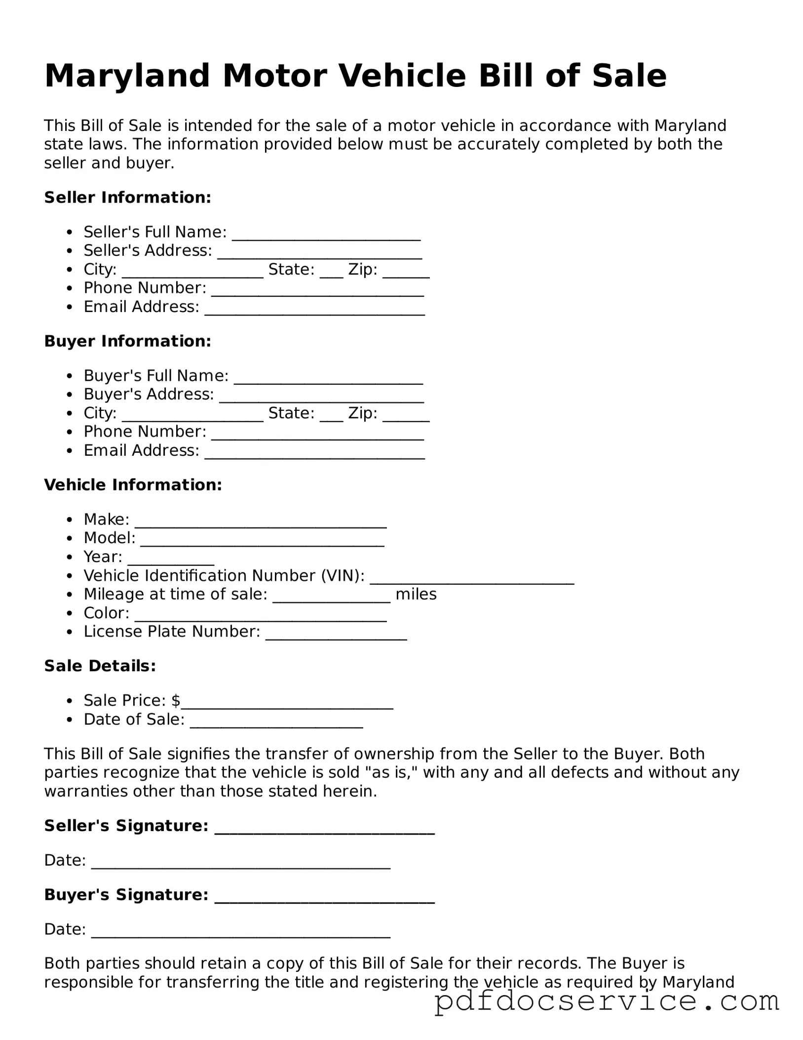 Printable  Motor Vehicle Bill of Sale Template for Maryland