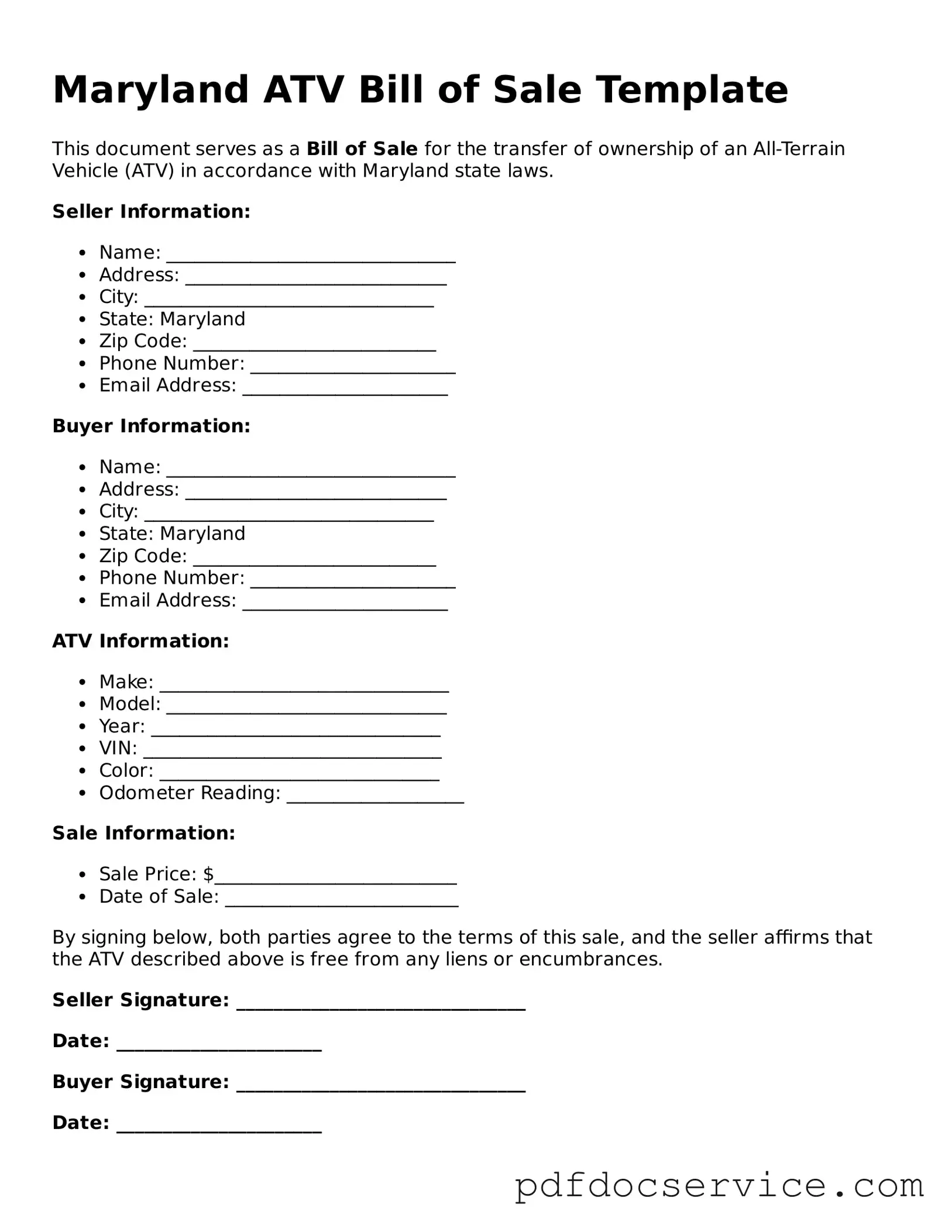 Printable  ATV Bill of Sale Template for Maryland