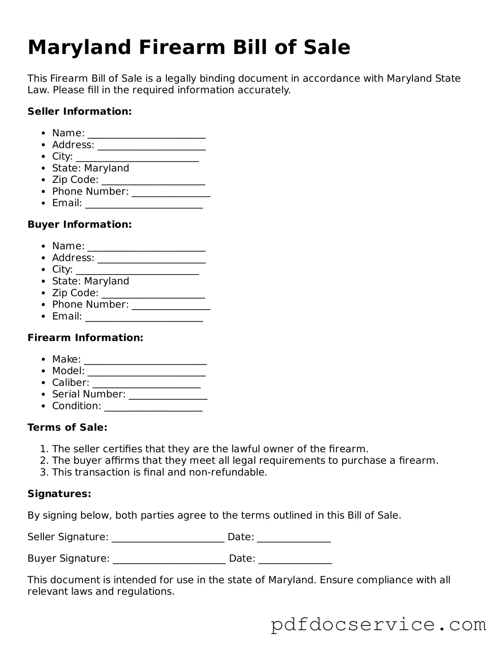 Printable  Firearm Bill of Sale Template for Maryland