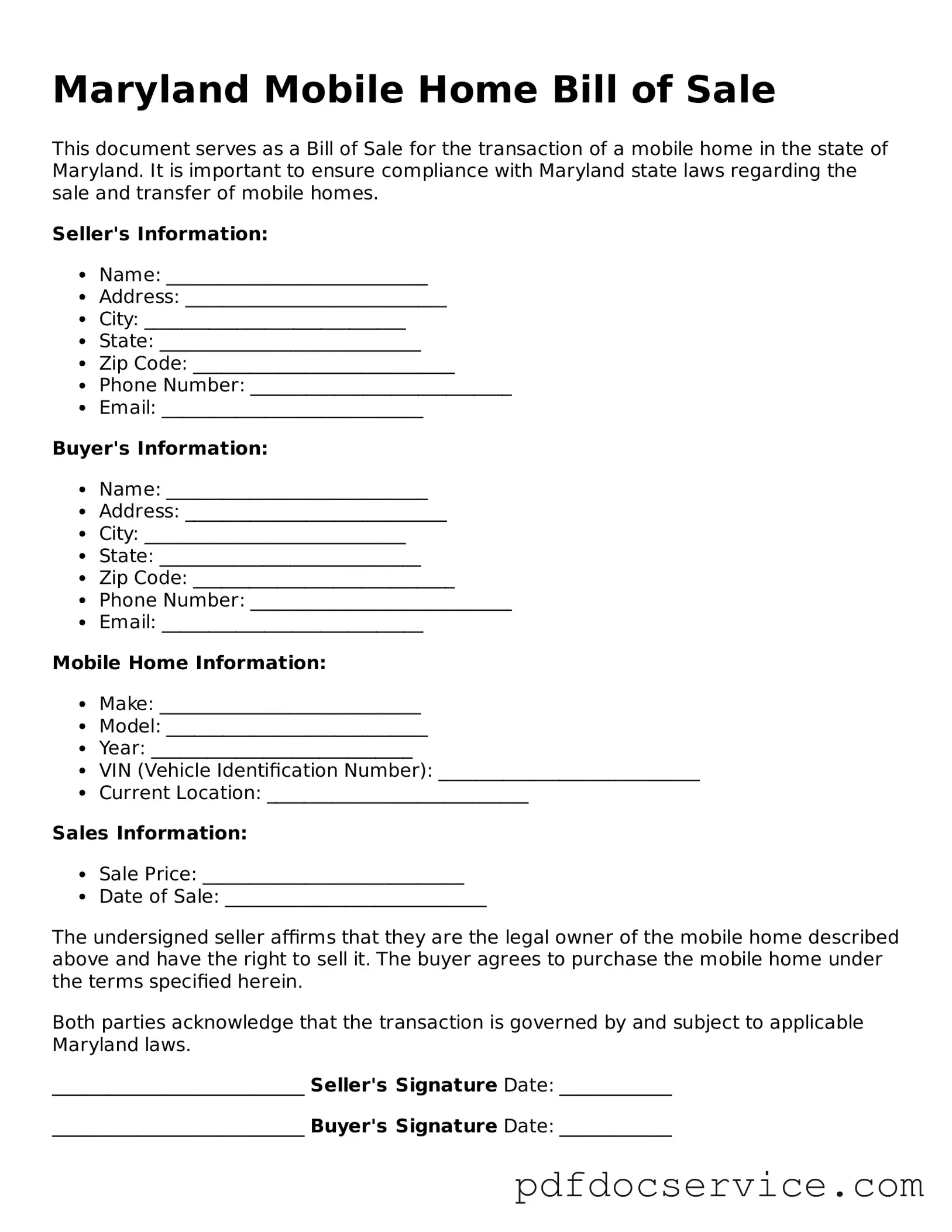 Printable  Mobile Home Bill of Sale Template for Maryland