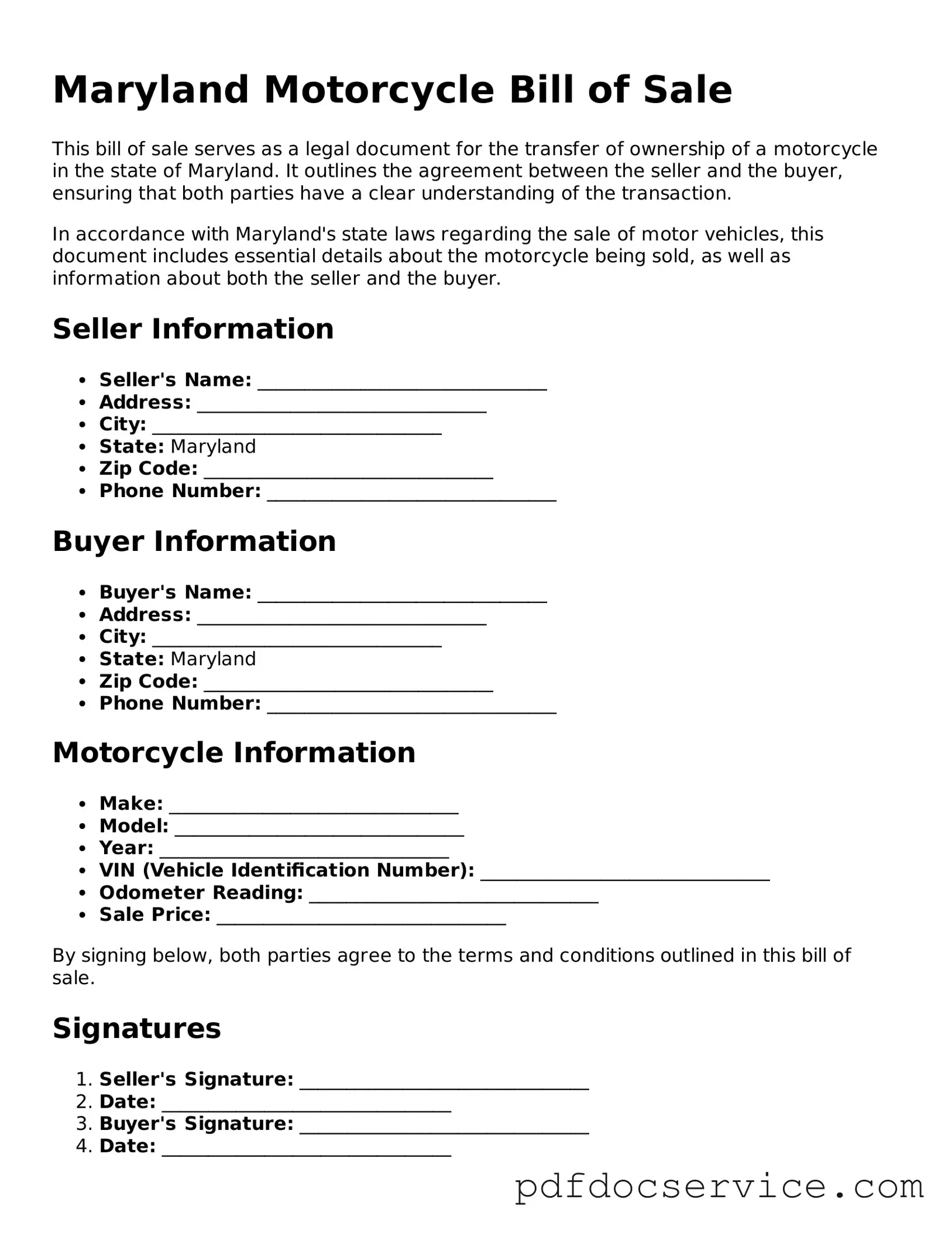 Printable  Motorcycle Bill of Sale Template for Maryland