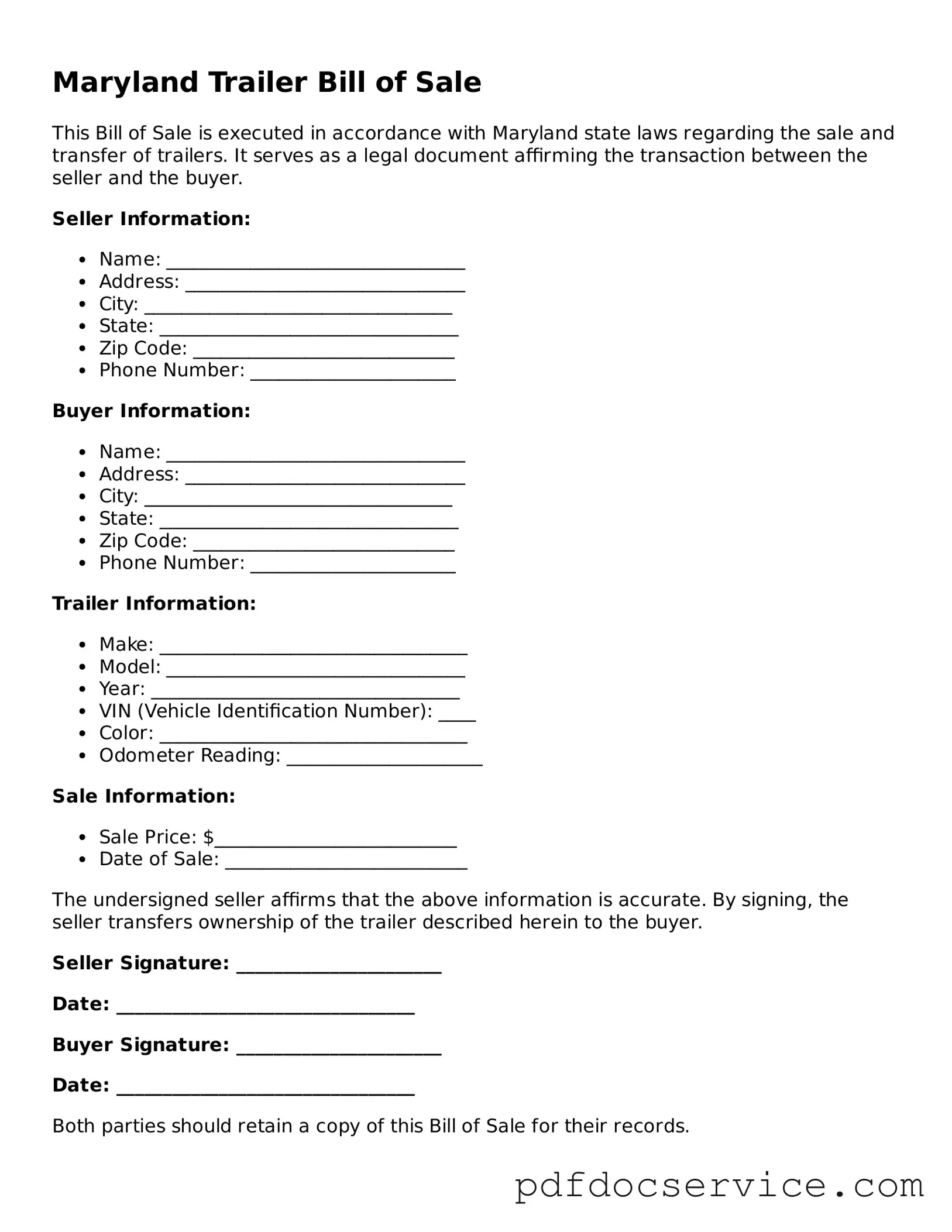 Printable  Trailer Bill of Sale Template for Maryland