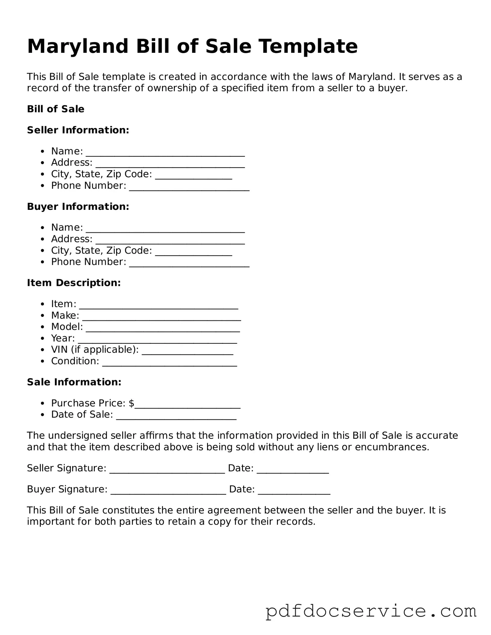 Printable  Bill of Sale Template for Maryland