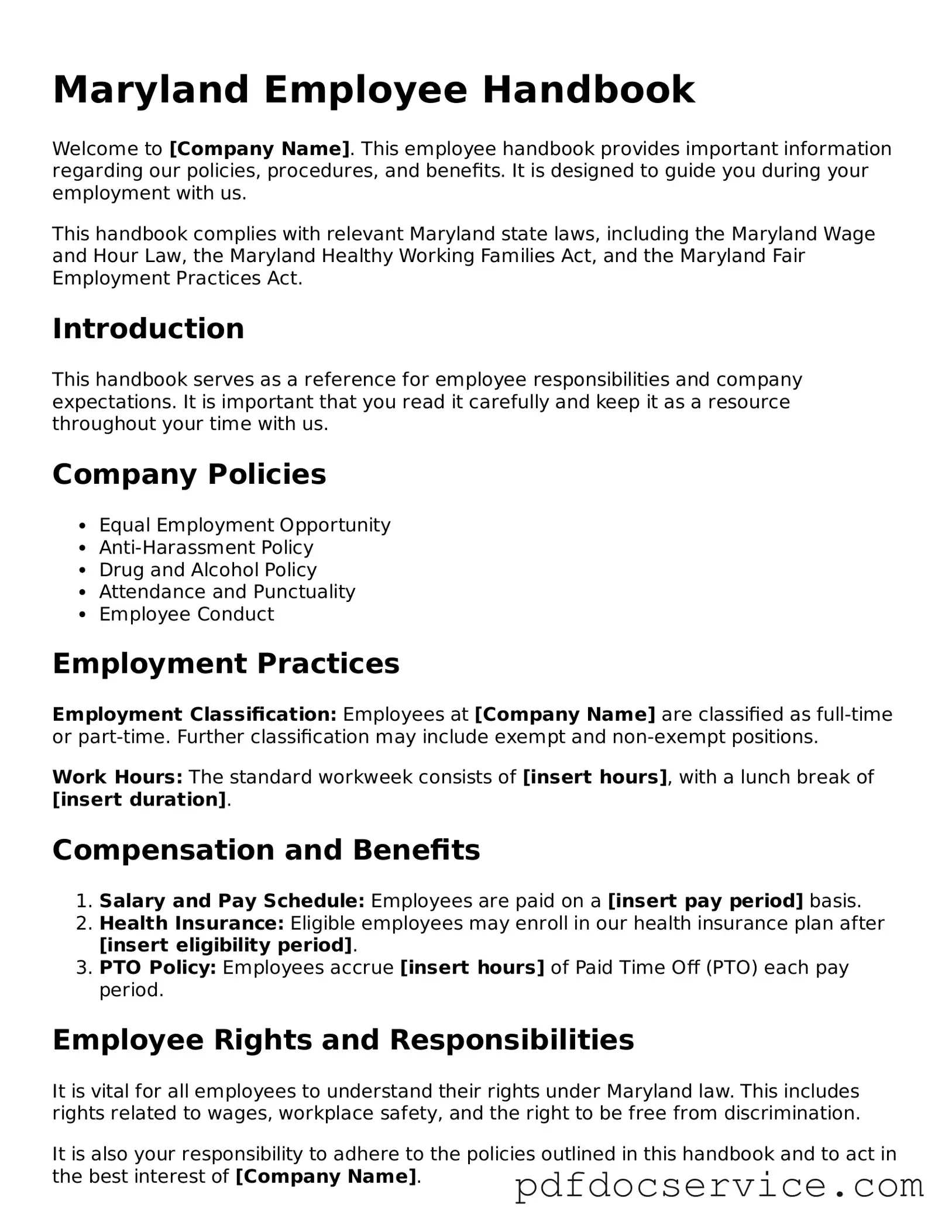 Printable  Employee Handbook Template for Maryland