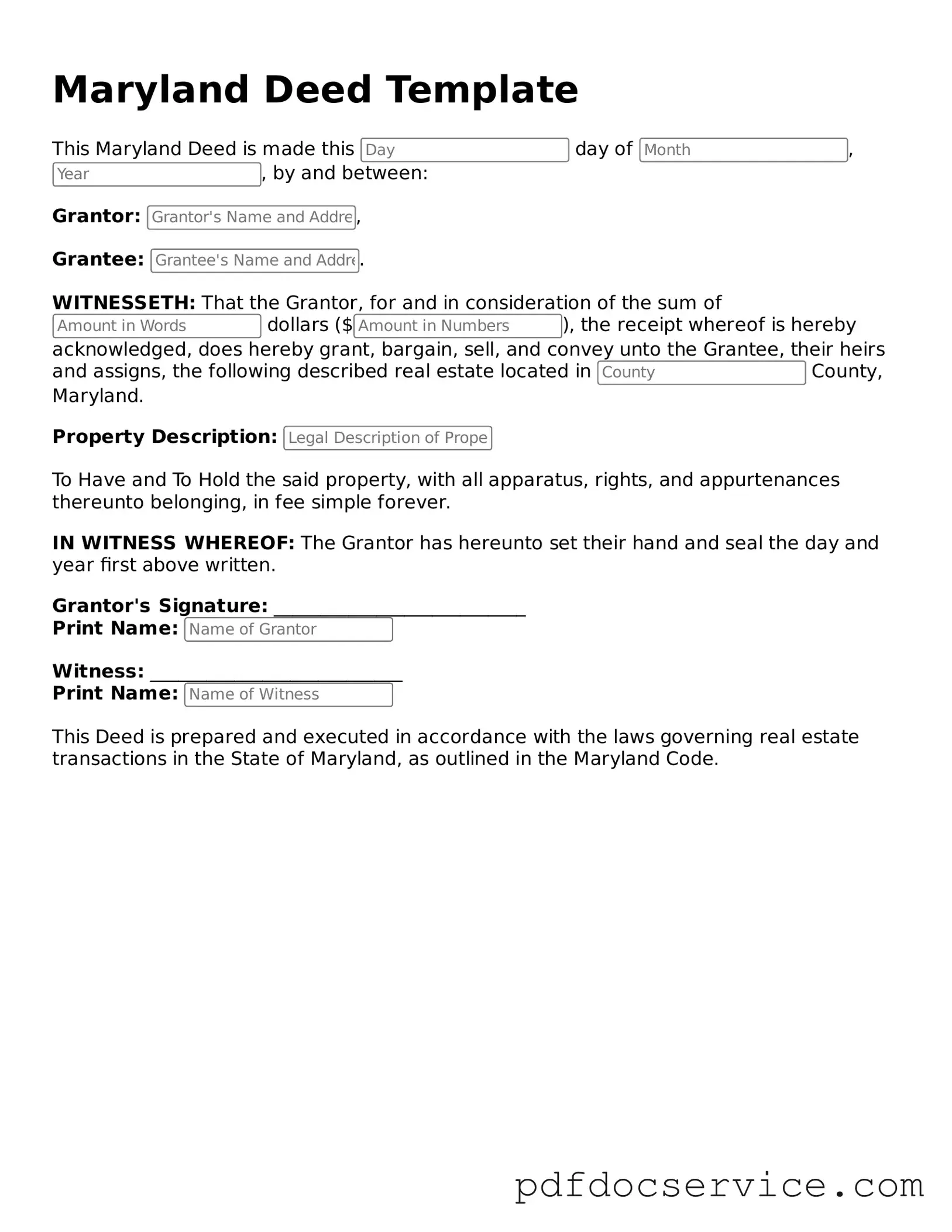 Printable  Deed Template for Maryland