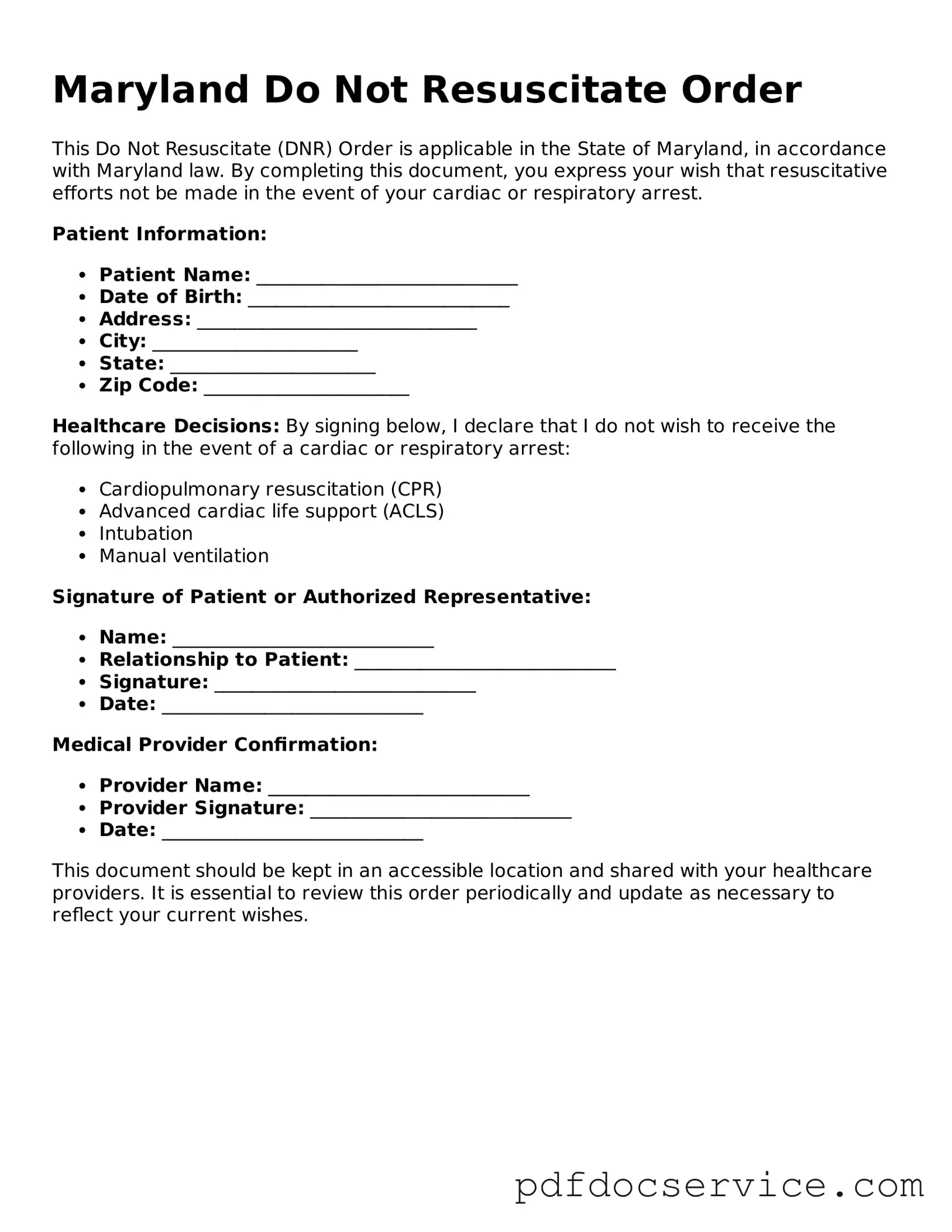 Printable  Do Not Resuscitate Order Template for Maryland