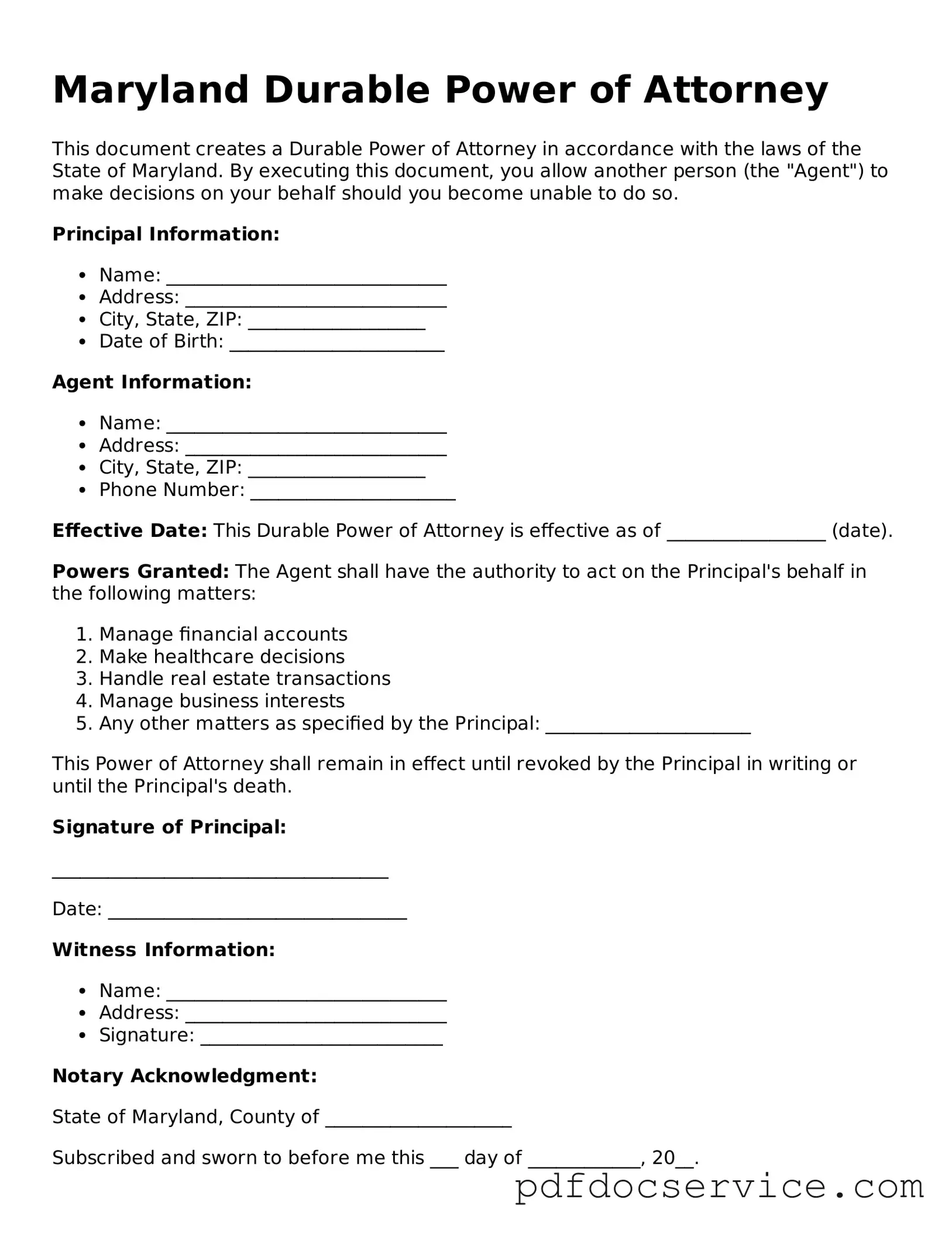 Printable  Durable Power of Attorney Template for Maryland