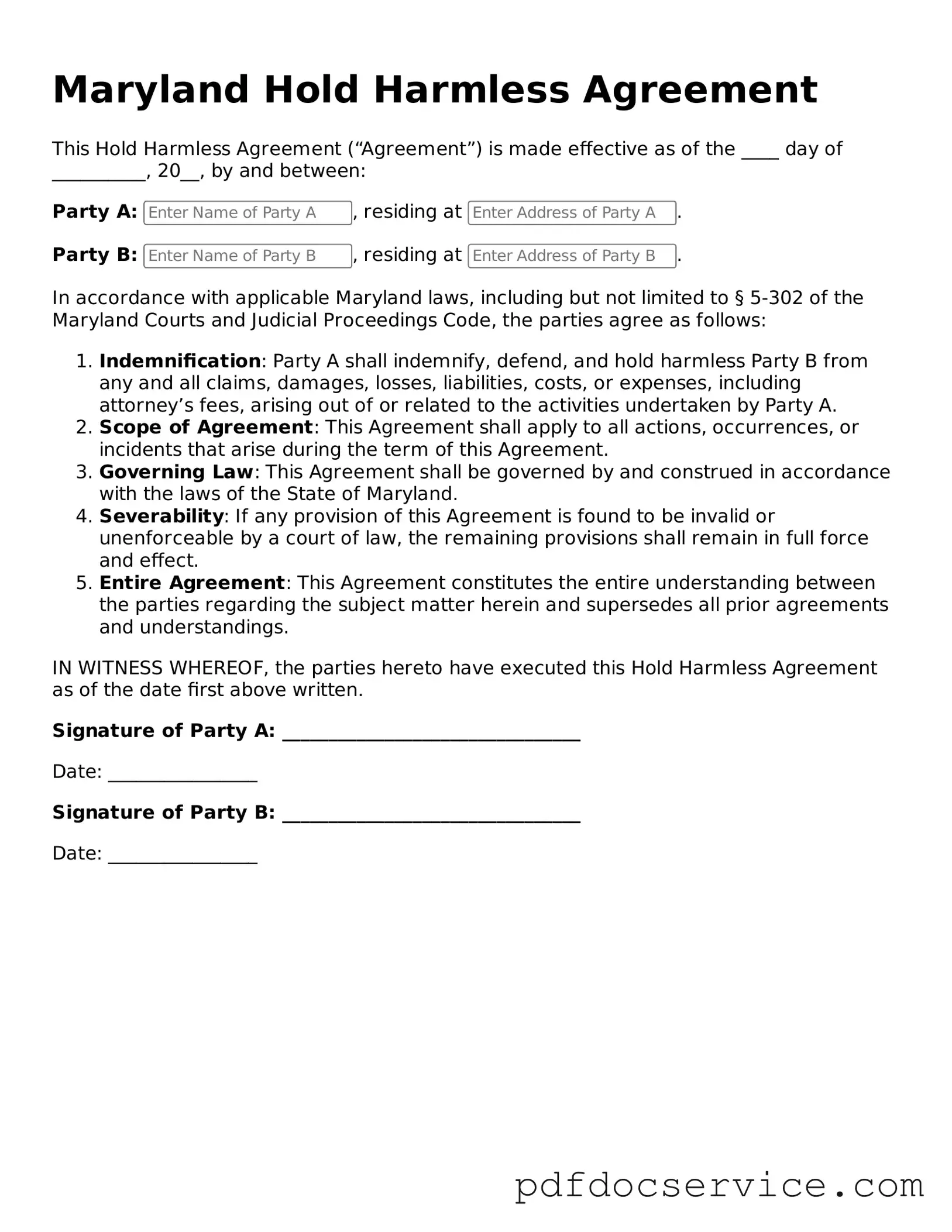 Printable  Hold Harmless Agreement Template for Maryland