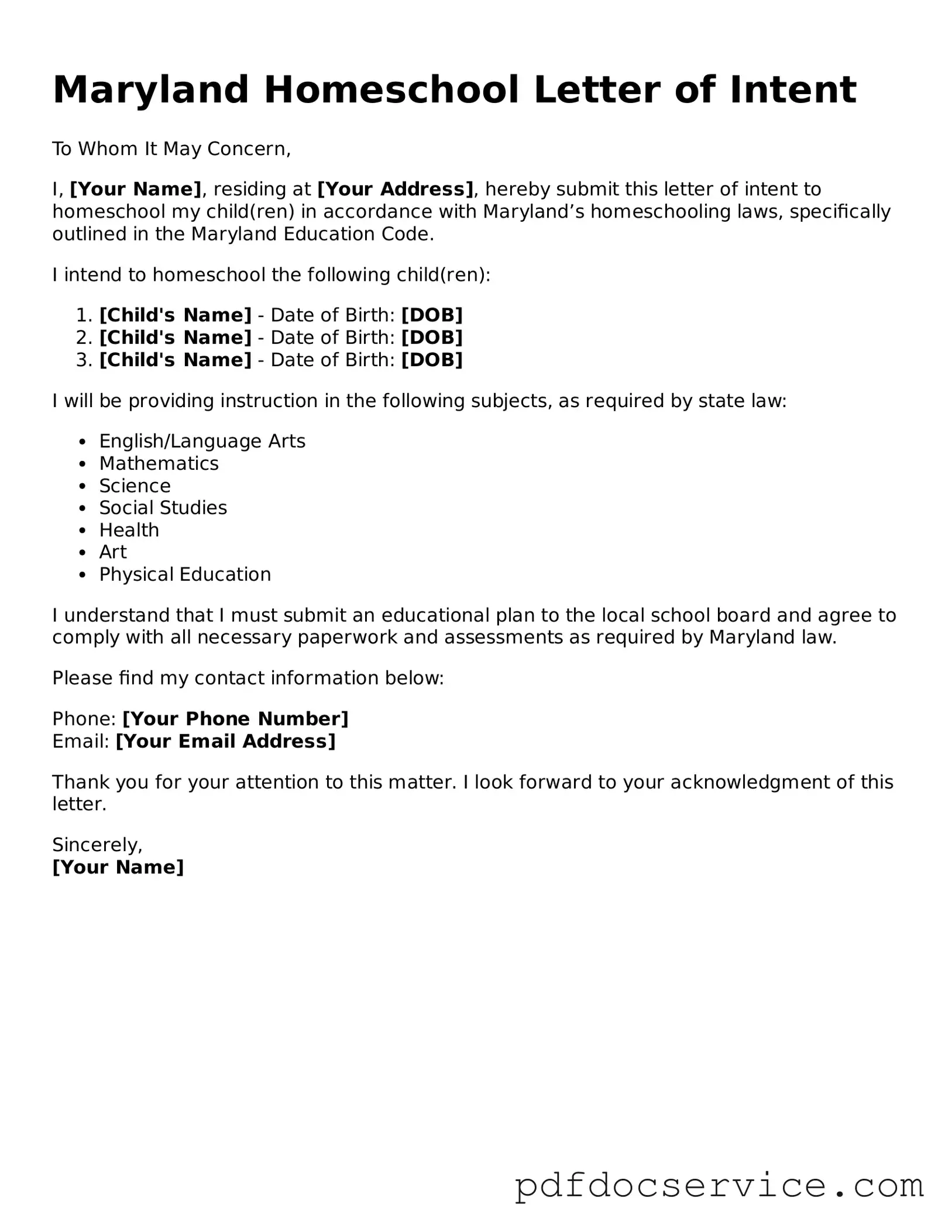 Printable  Homeschool Letter of Intent Template for Maryland