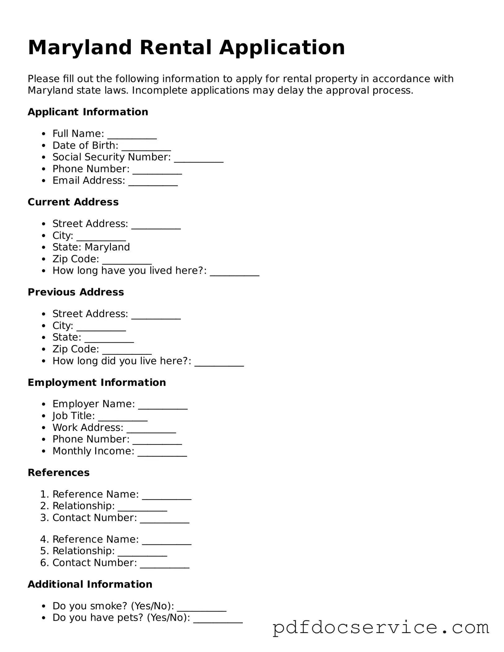 Printable  Rental Application Template for Maryland