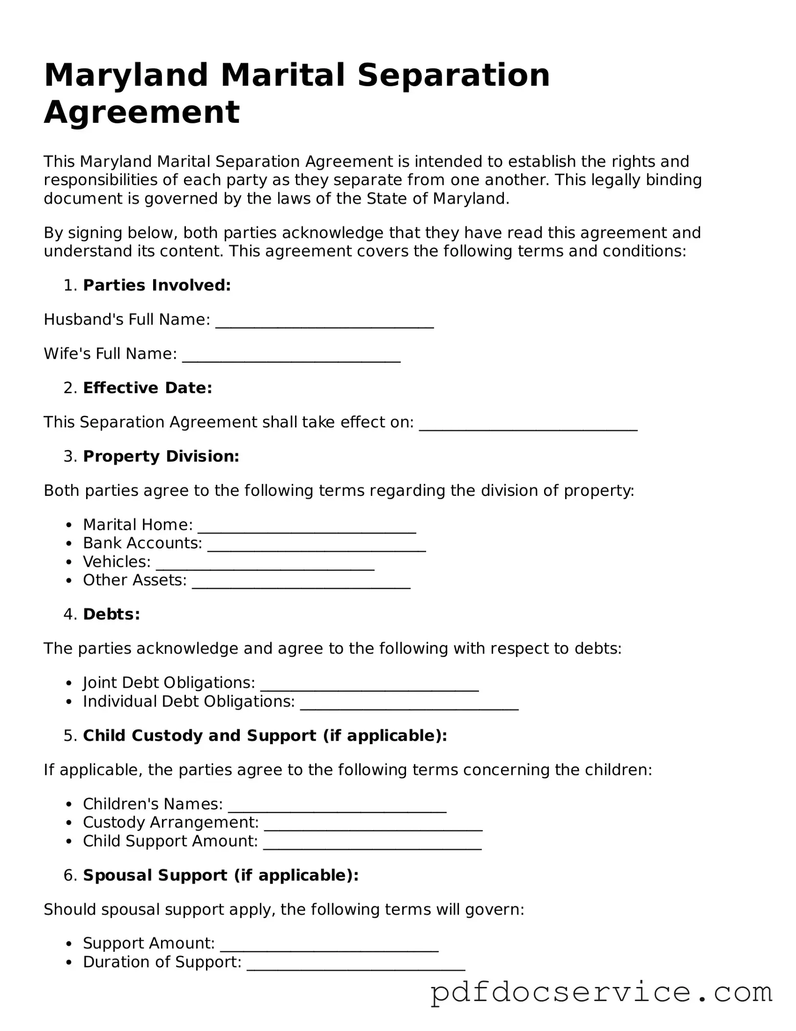 Printable  Marital Separation Agreement Template for Maryland