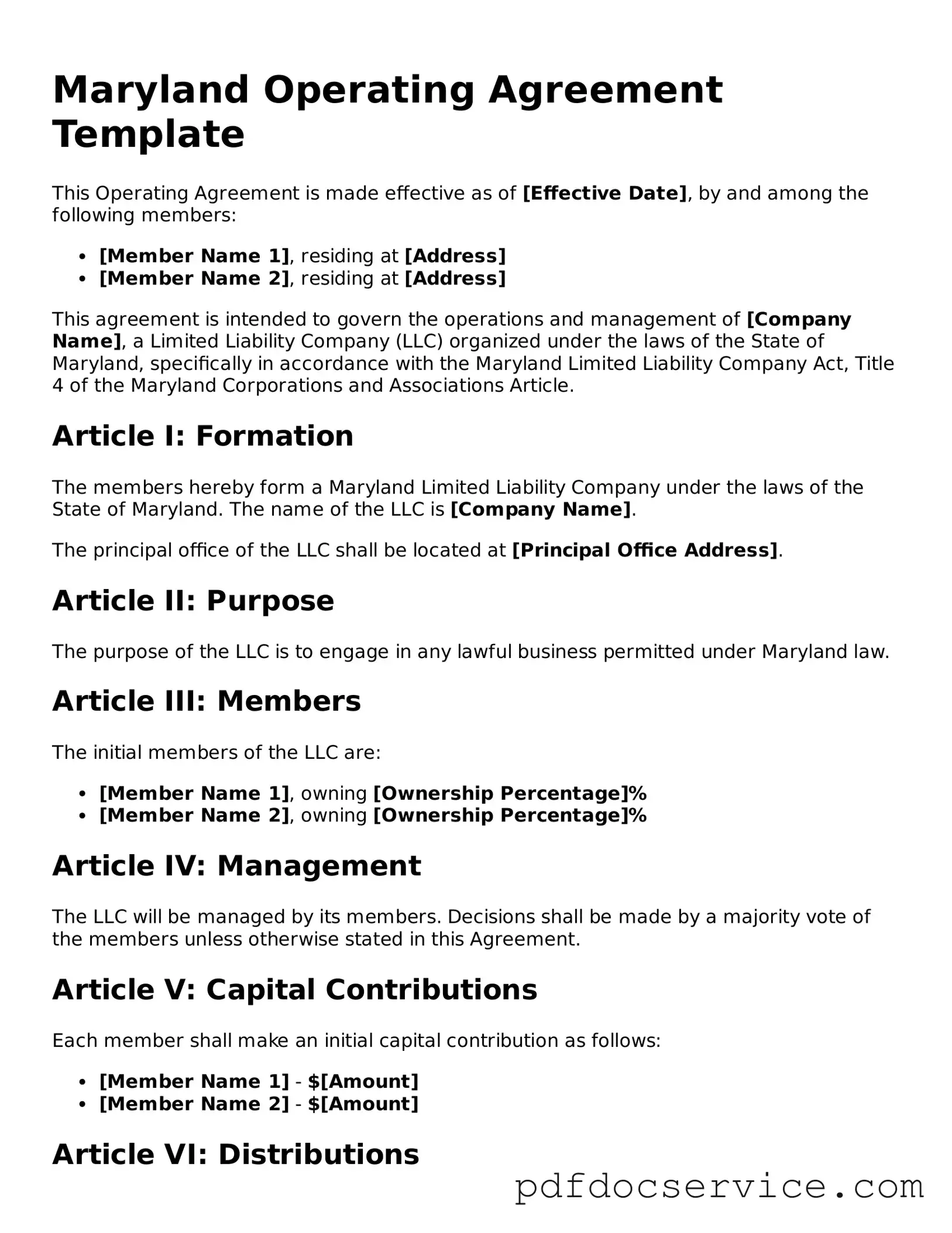 Printable  Operating Agreement Template for Maryland