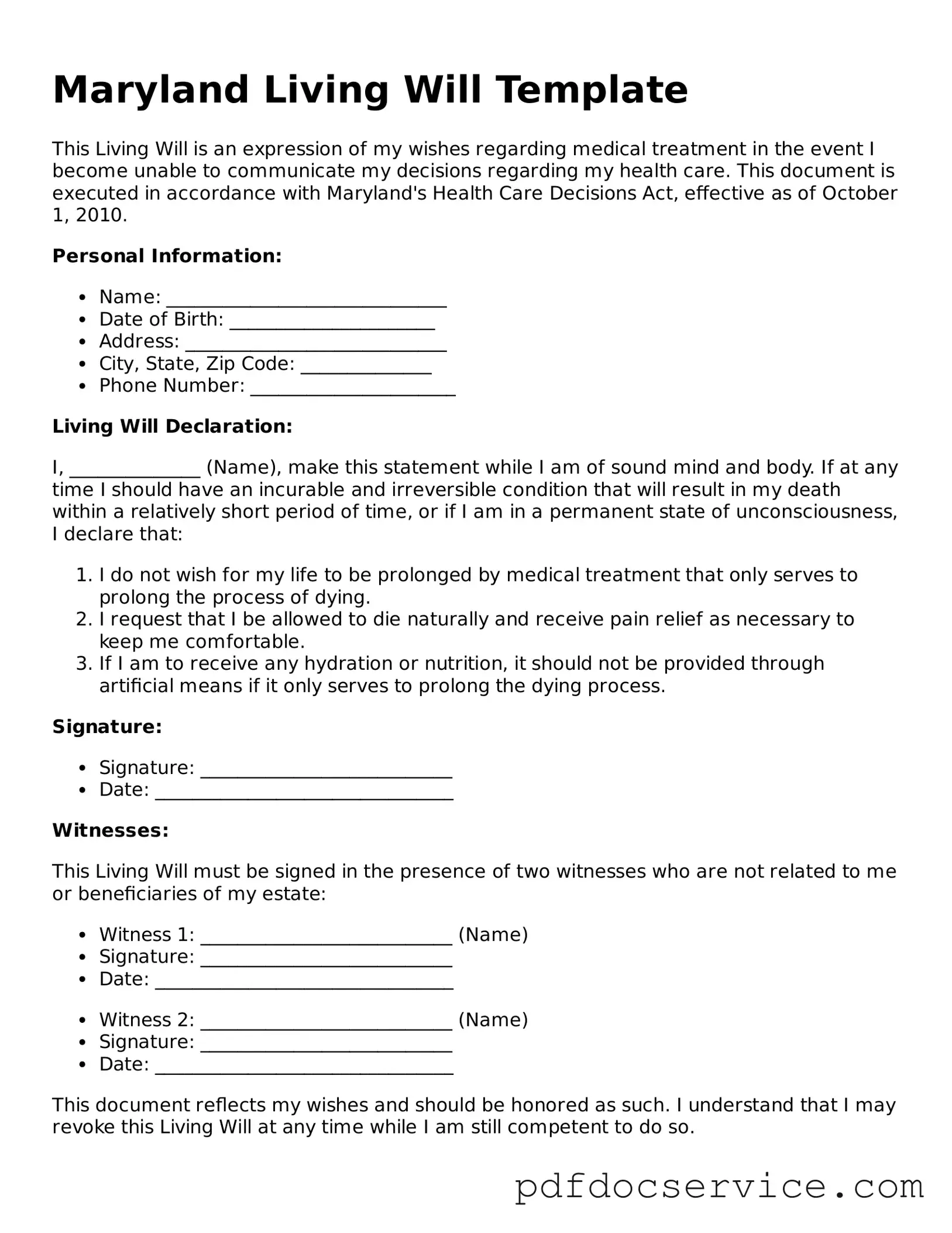 Printable  Living Will Template for Maryland