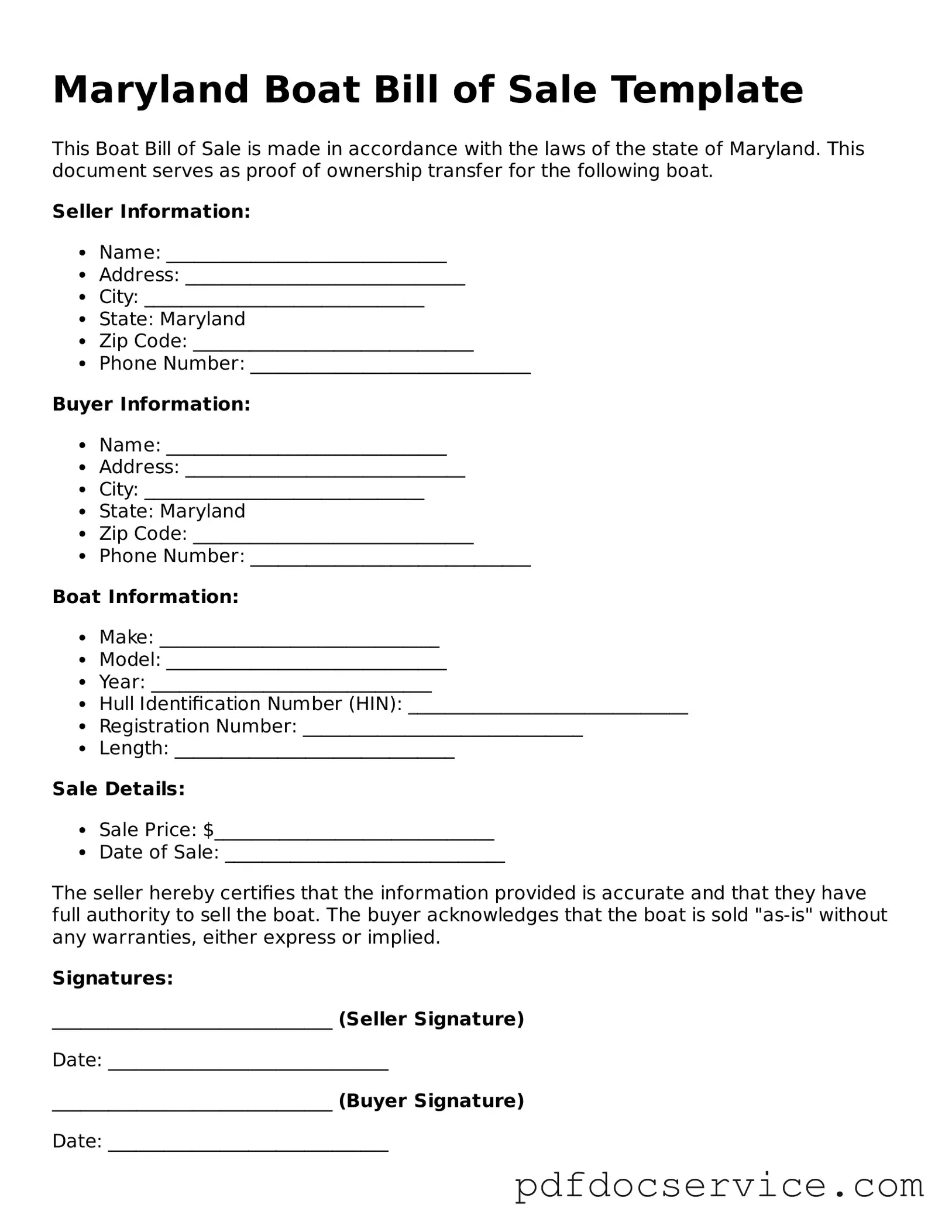 Printable  Boat Bill of Sale Template for Maryland