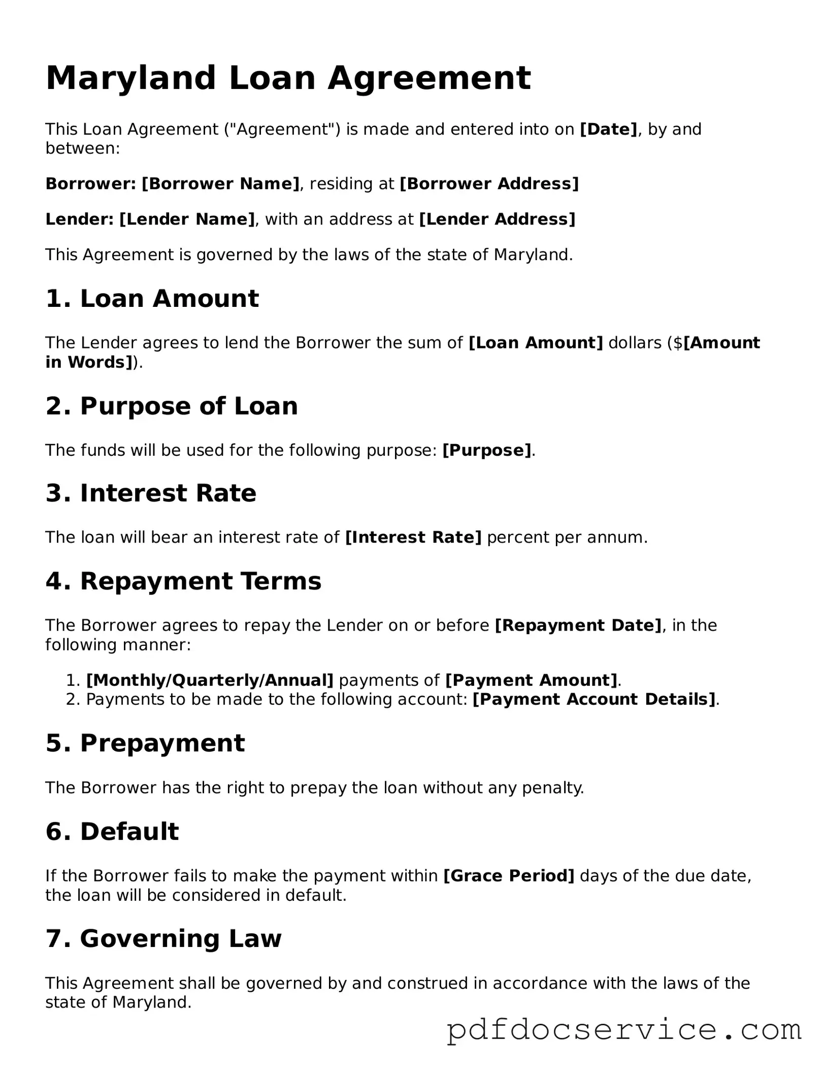 Printable  Loan Agreement Template for Maryland