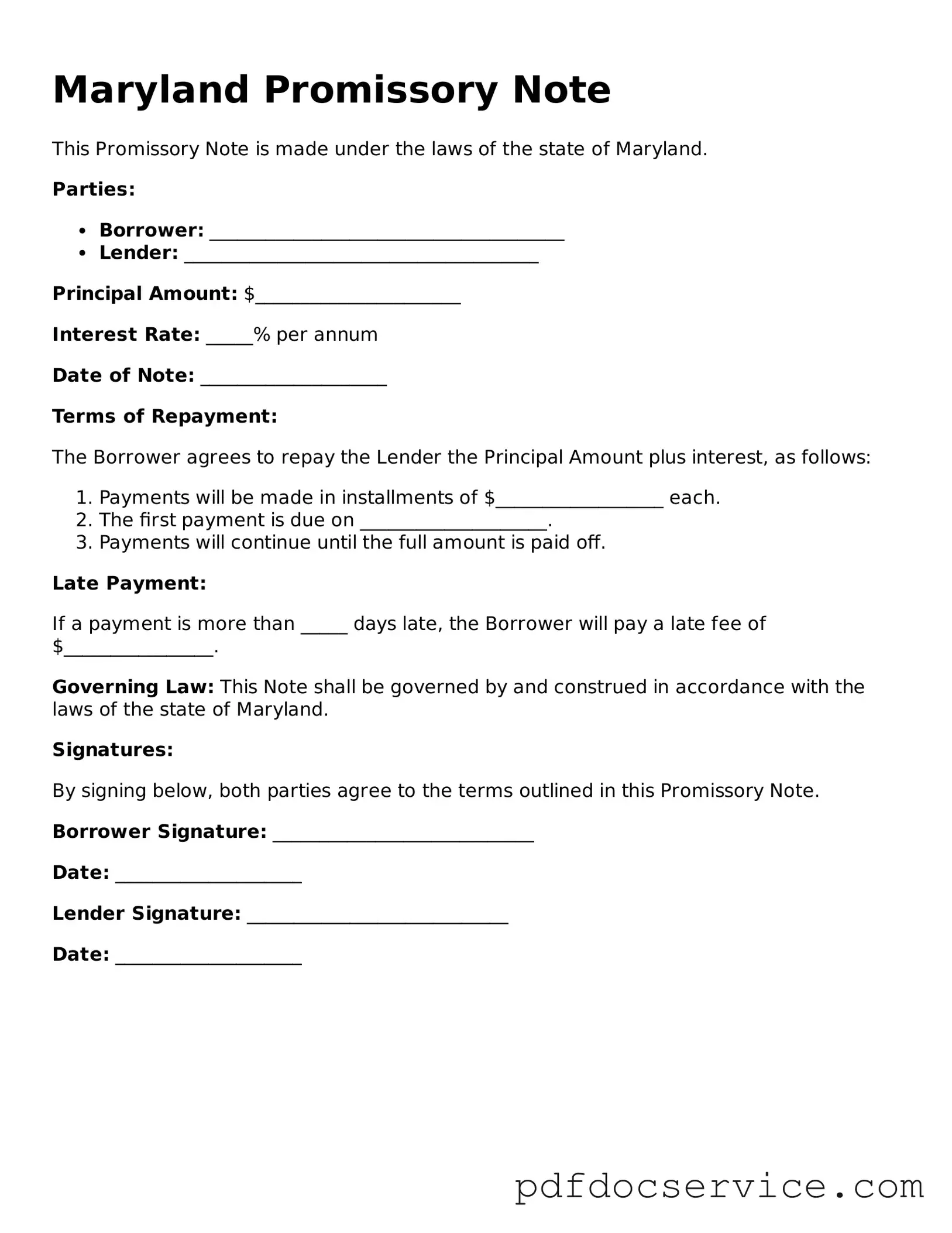 Printable  Promissory Note Template for Maryland