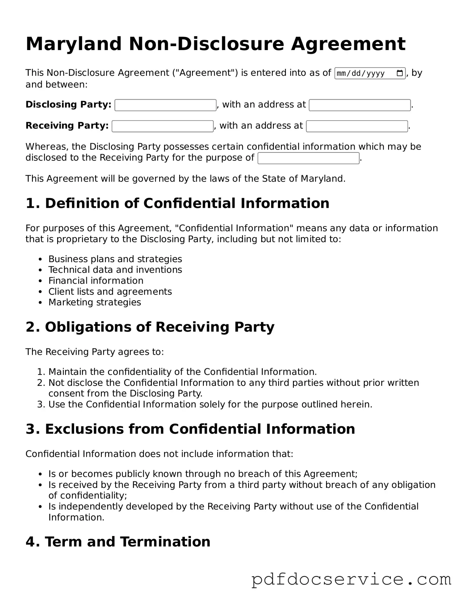 Printable  Non-disclosure Agreement Template for Maryland