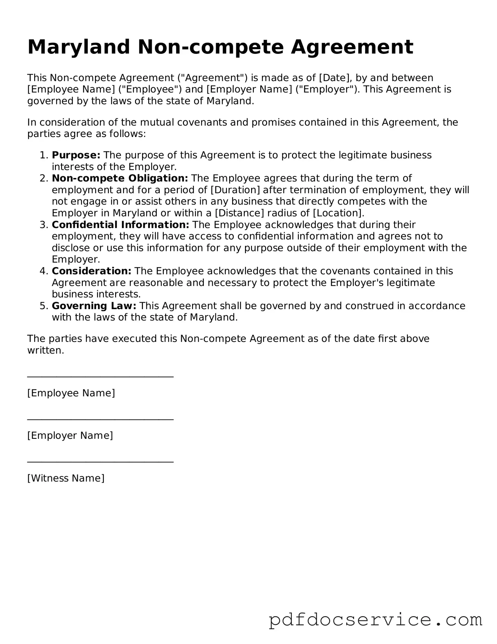 Printable  Non-compete Agreement Template for Maryland