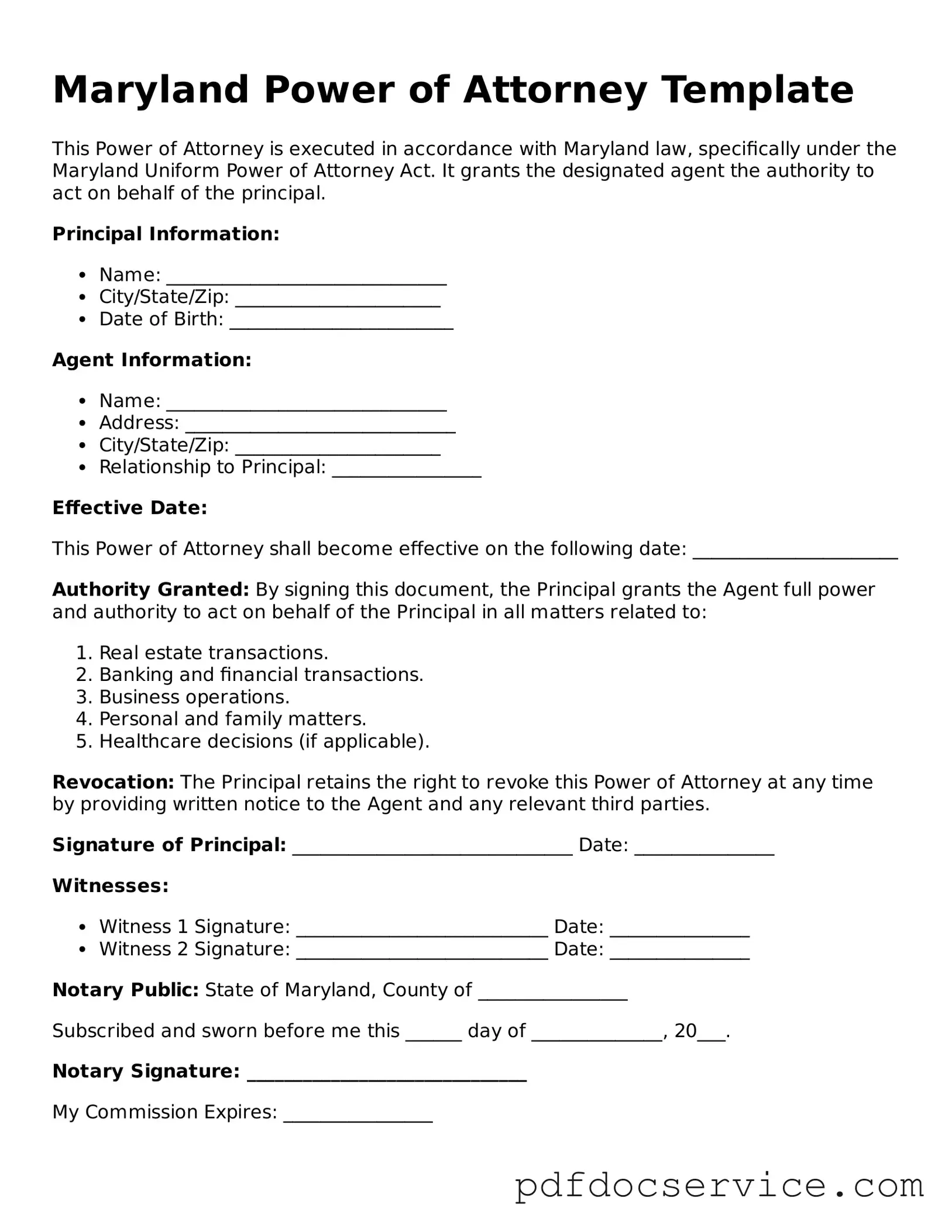 Printable  Power of Attorney Template for Maryland
