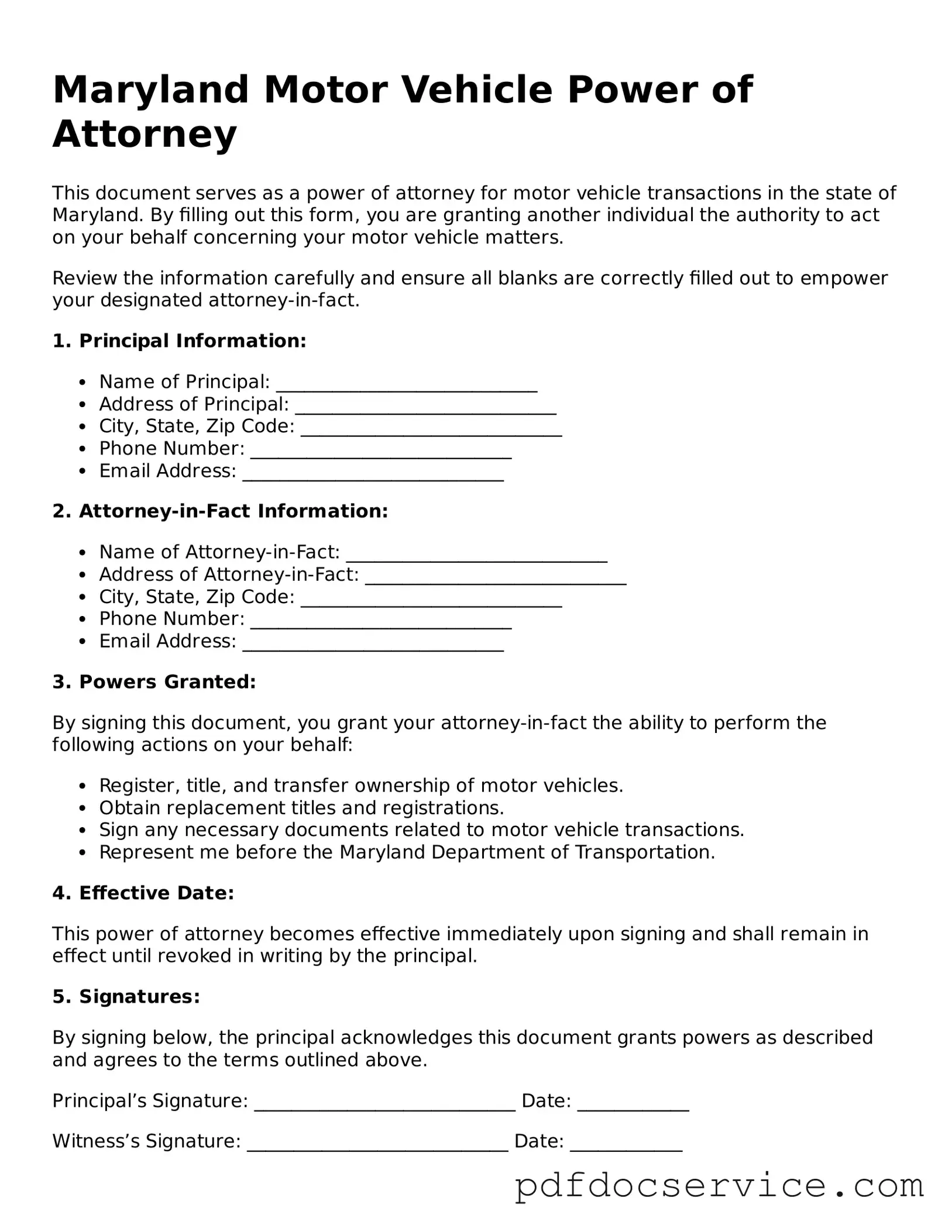 Printable  Motor Vehicle Power of Attorney Template for Maryland