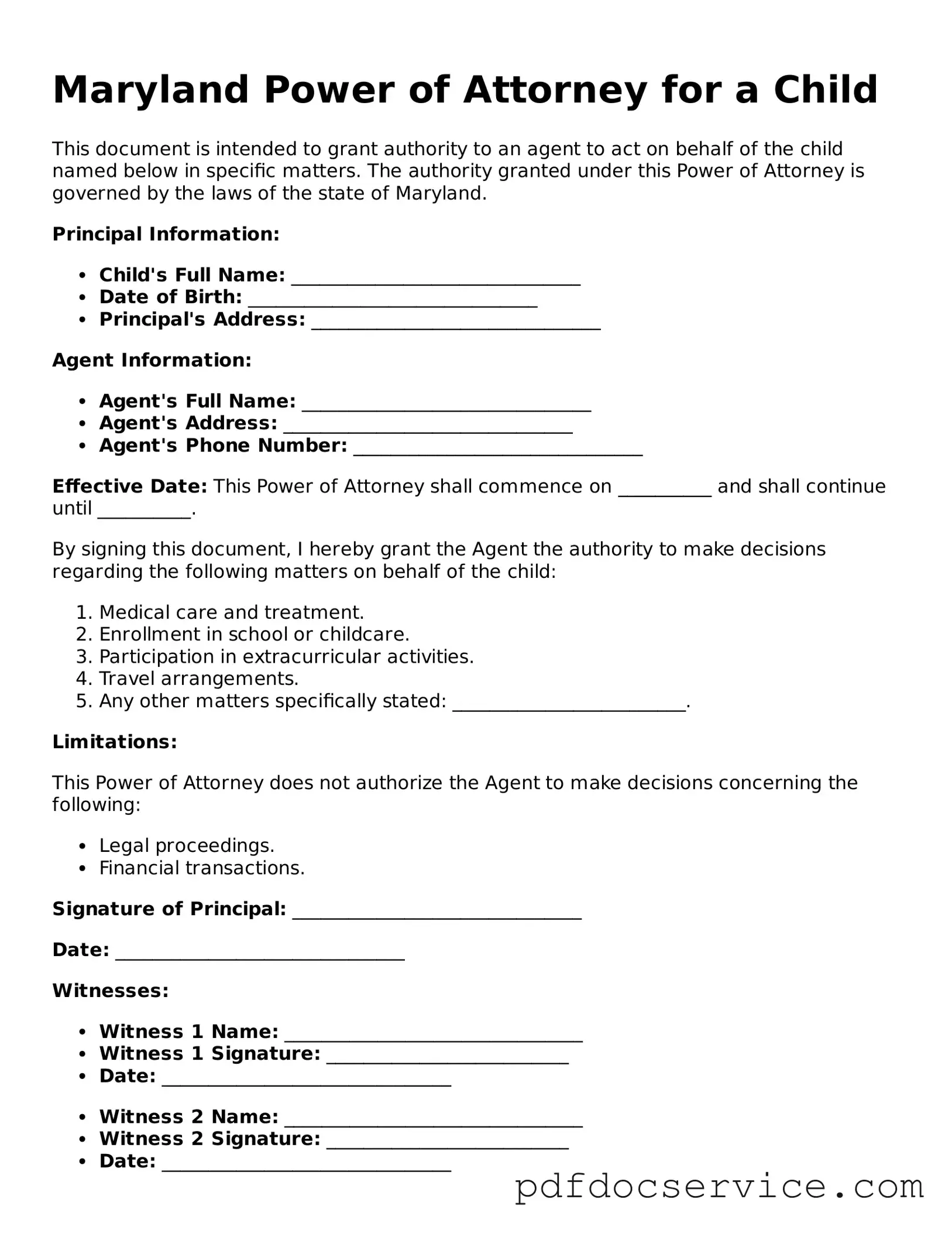Printable  Power of Attorney for a Child Template for Maryland
