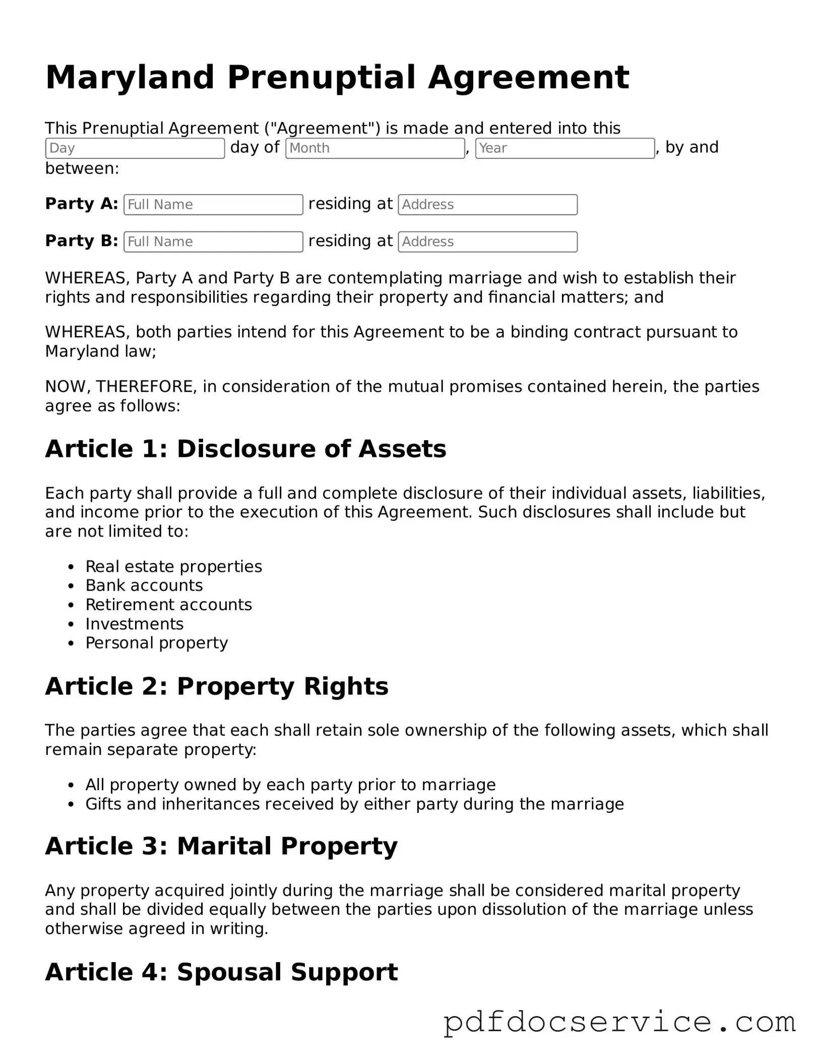 Printable  Prenuptial Agreement Template for Maryland