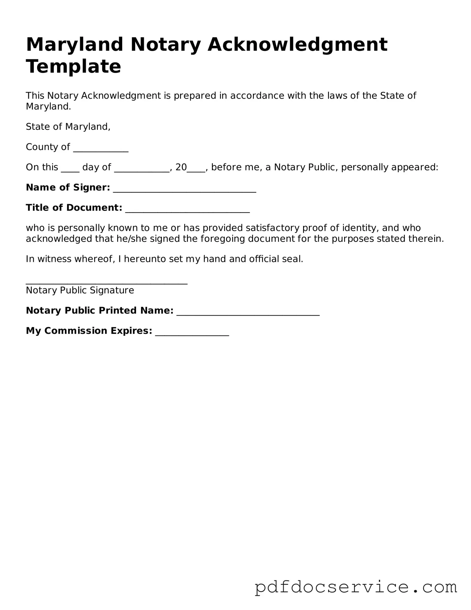 Printable  Notary Acknowledgement Template for Maryland