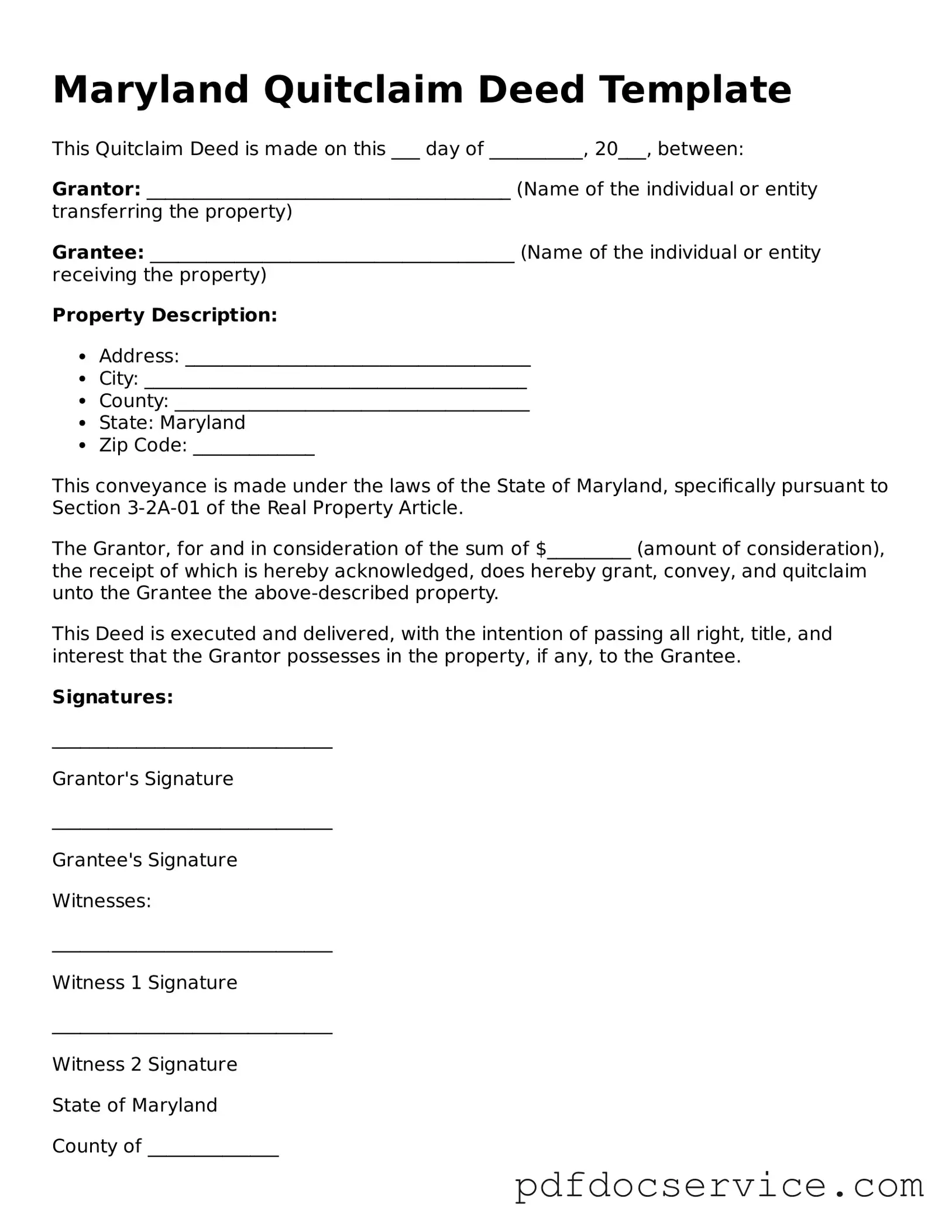 Printable  Quitclaim Deed Template for Maryland