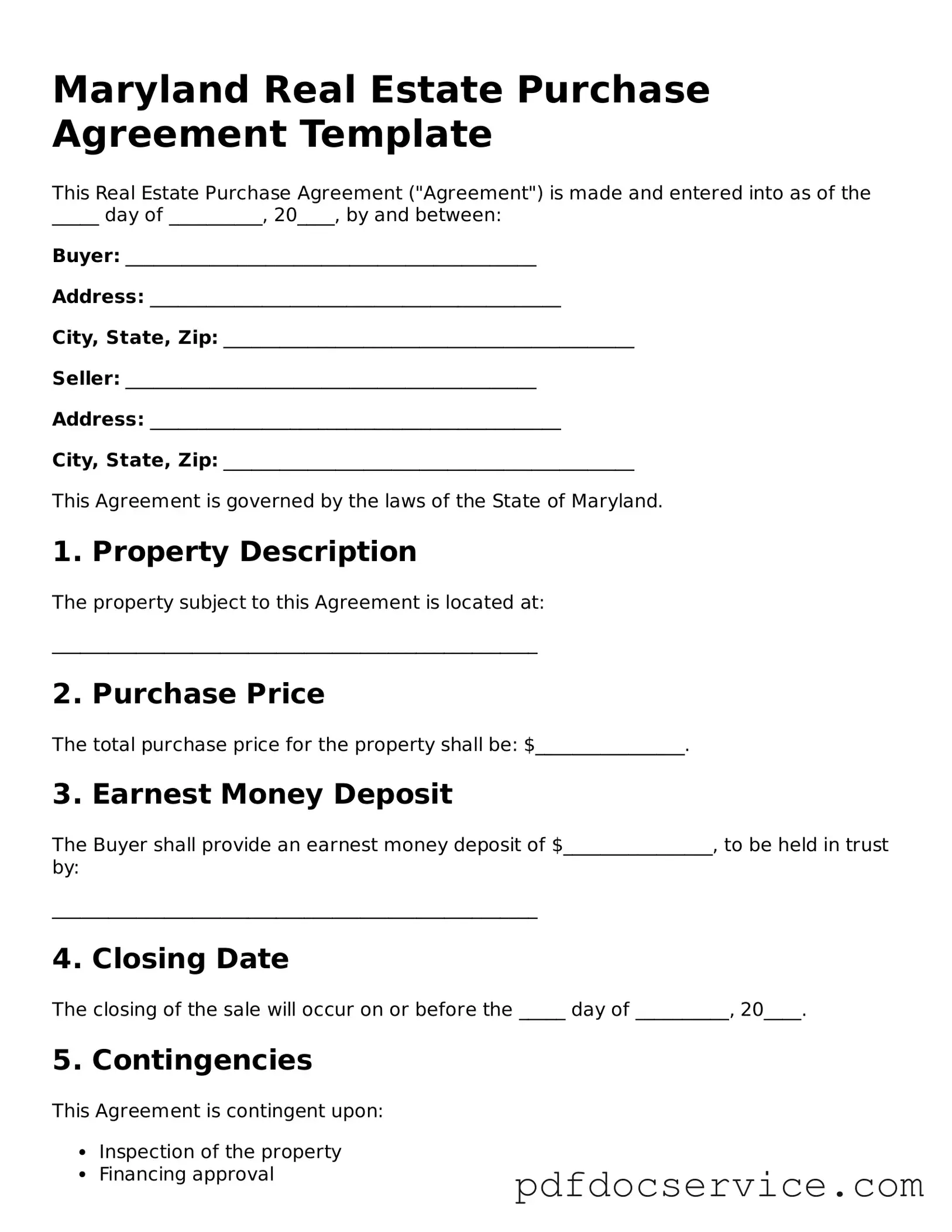 Printable  Real Estate Purchase Agreement Template for Maryland