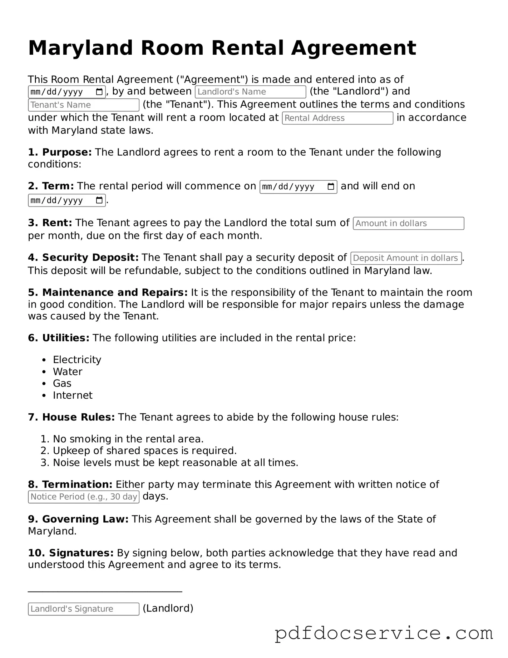 Printable  Room Rental Agreement Template for Maryland