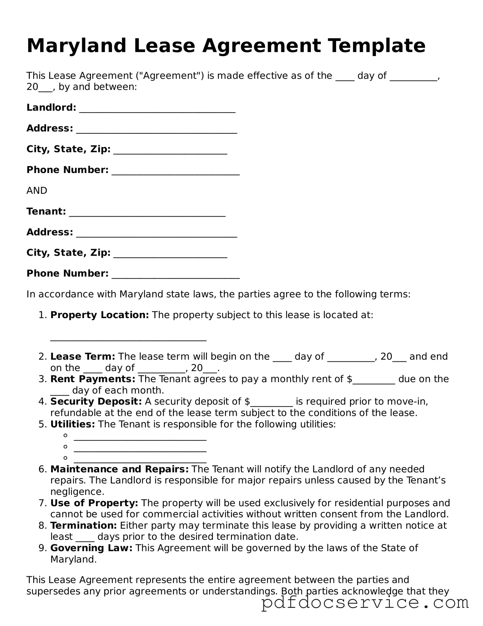 Printable  Lease Agreement Template for Maryland