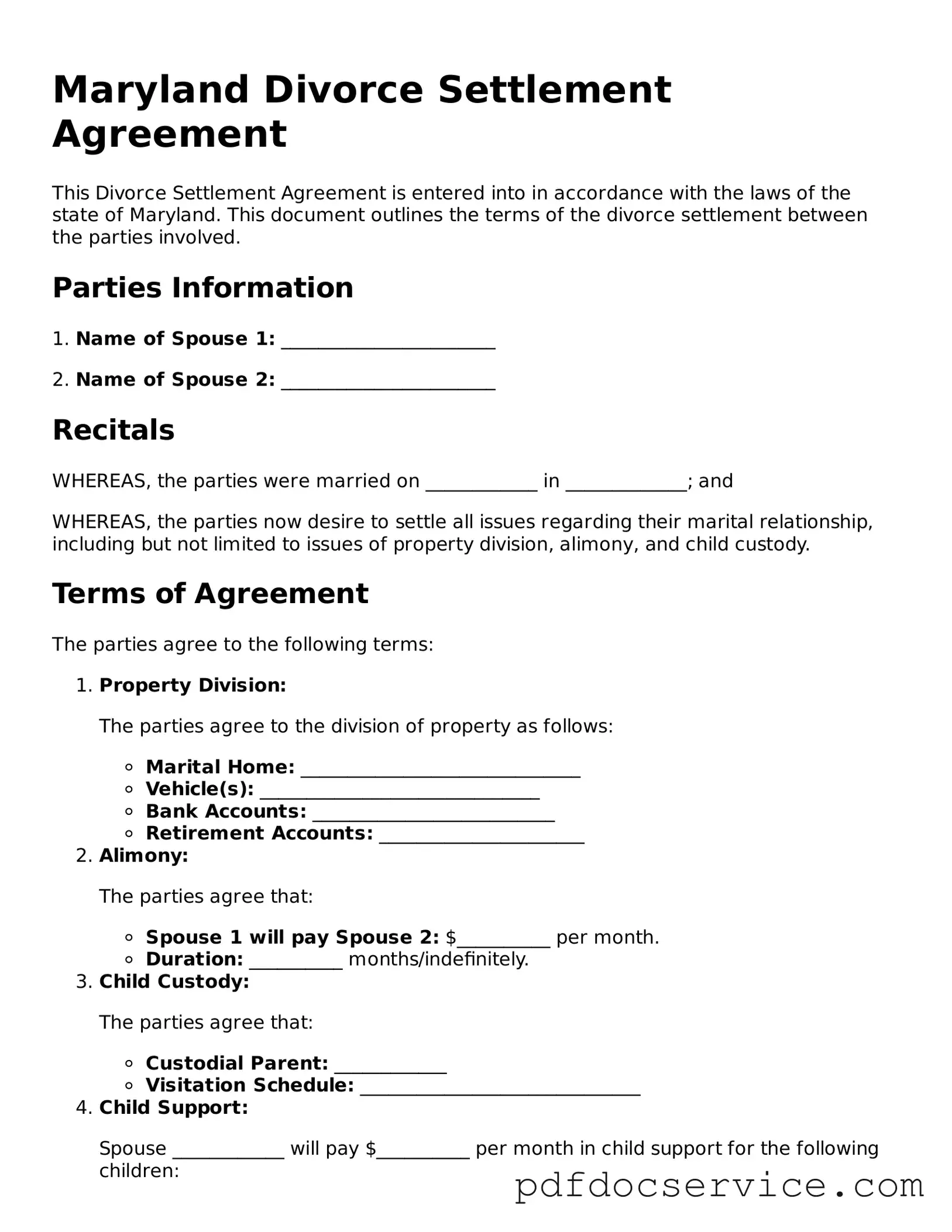 Printable  Divorce Settlement Agreement Template for Maryland