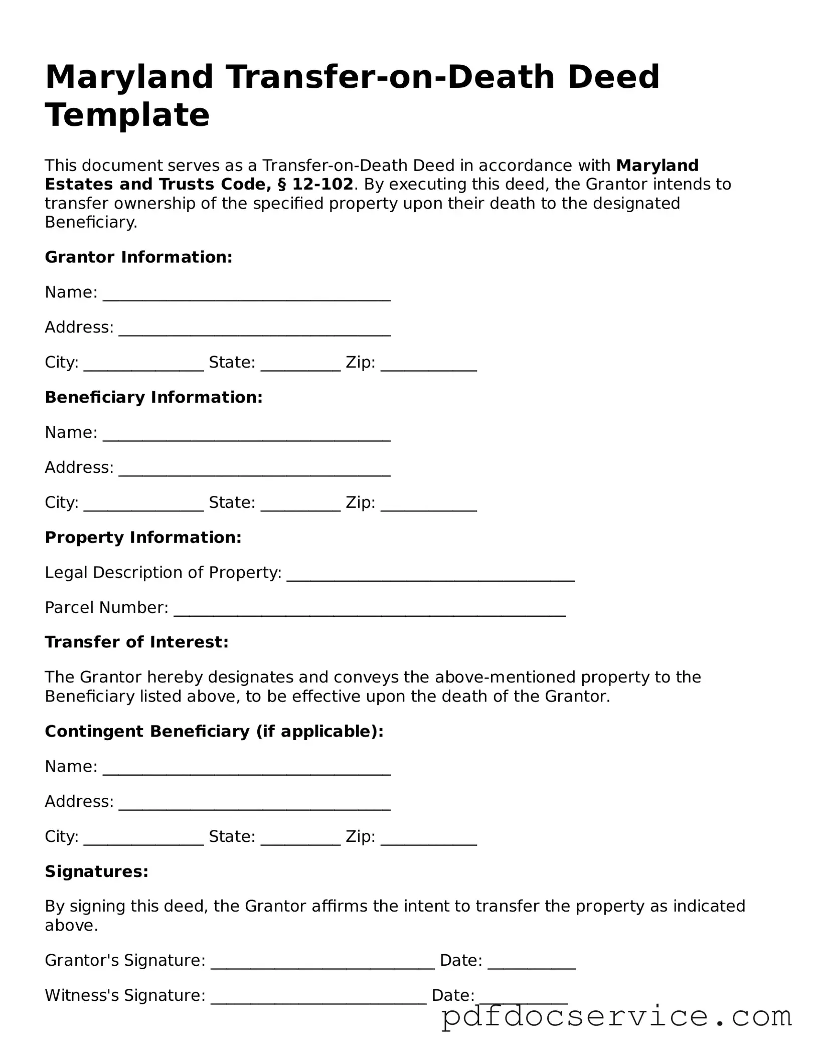 Printable  Transfer-on-Death Deed Template for Maryland