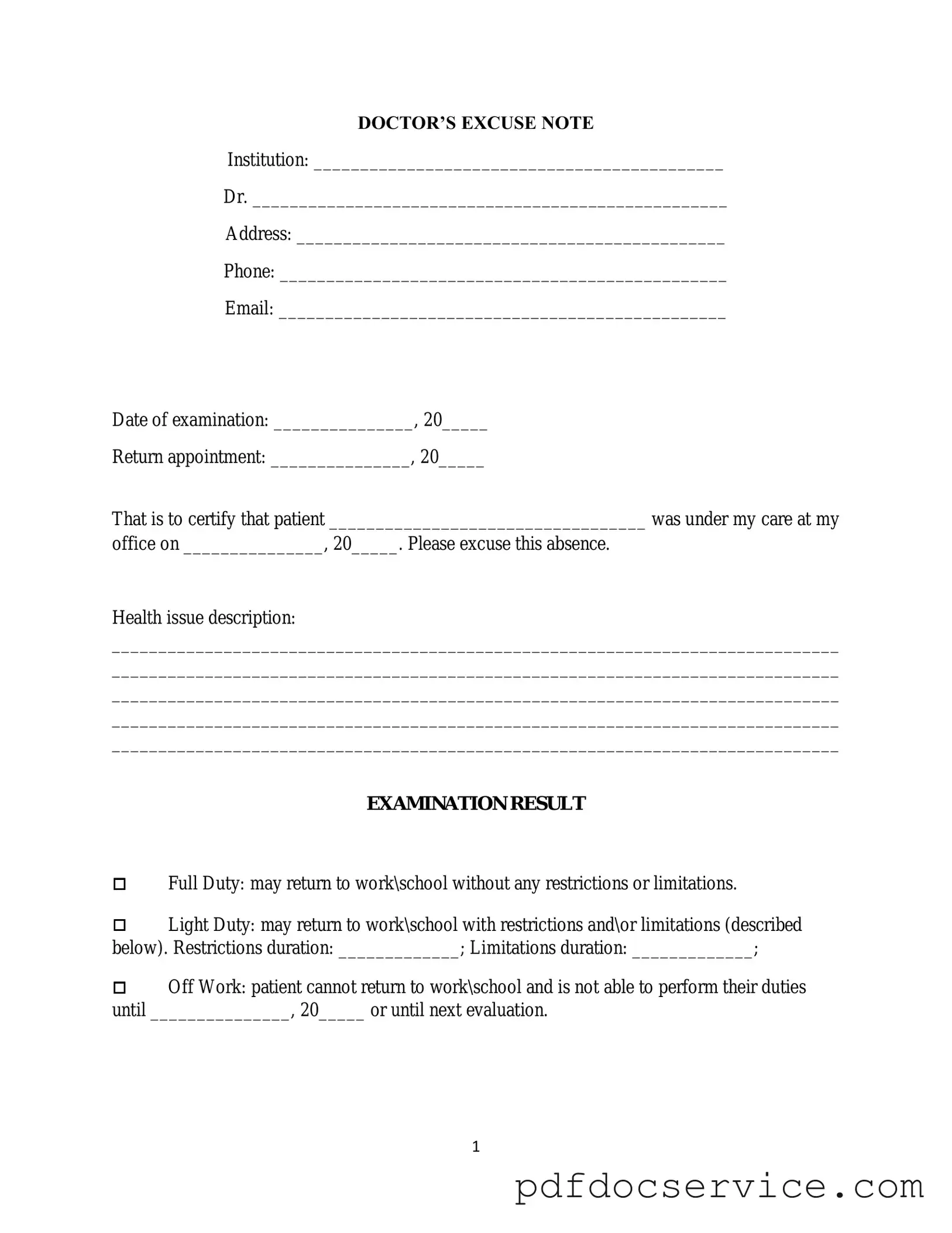 Fill Your Doctors Excuse Note Form