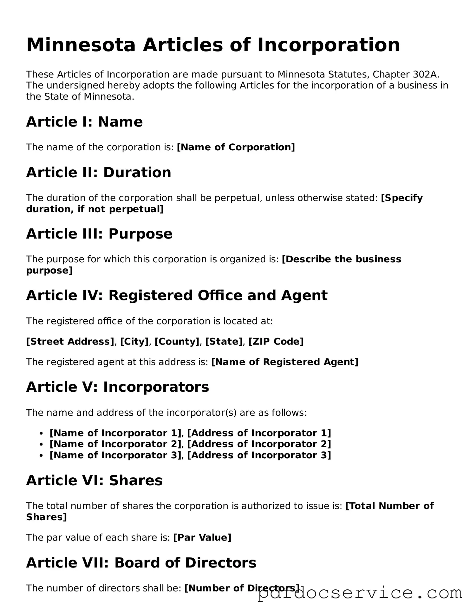 Printable  Articles of Incorporation Template for Minnesota