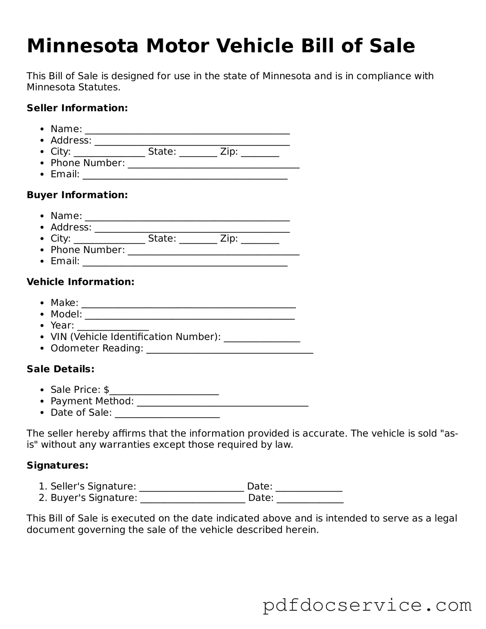 Printable  Motor Vehicle Bill of Sale Template for Minnesota
