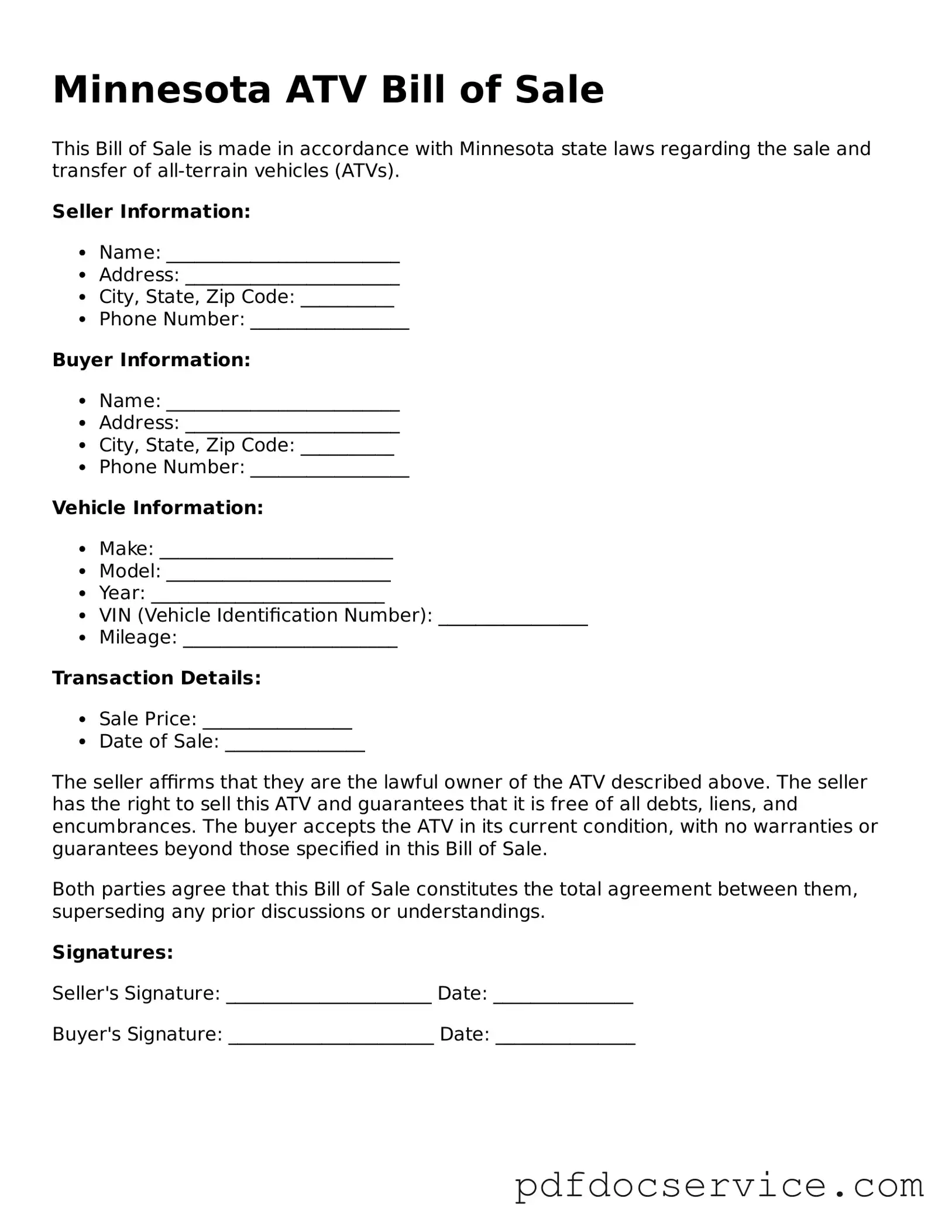 Printable  ATV Bill of Sale Template for Minnesota