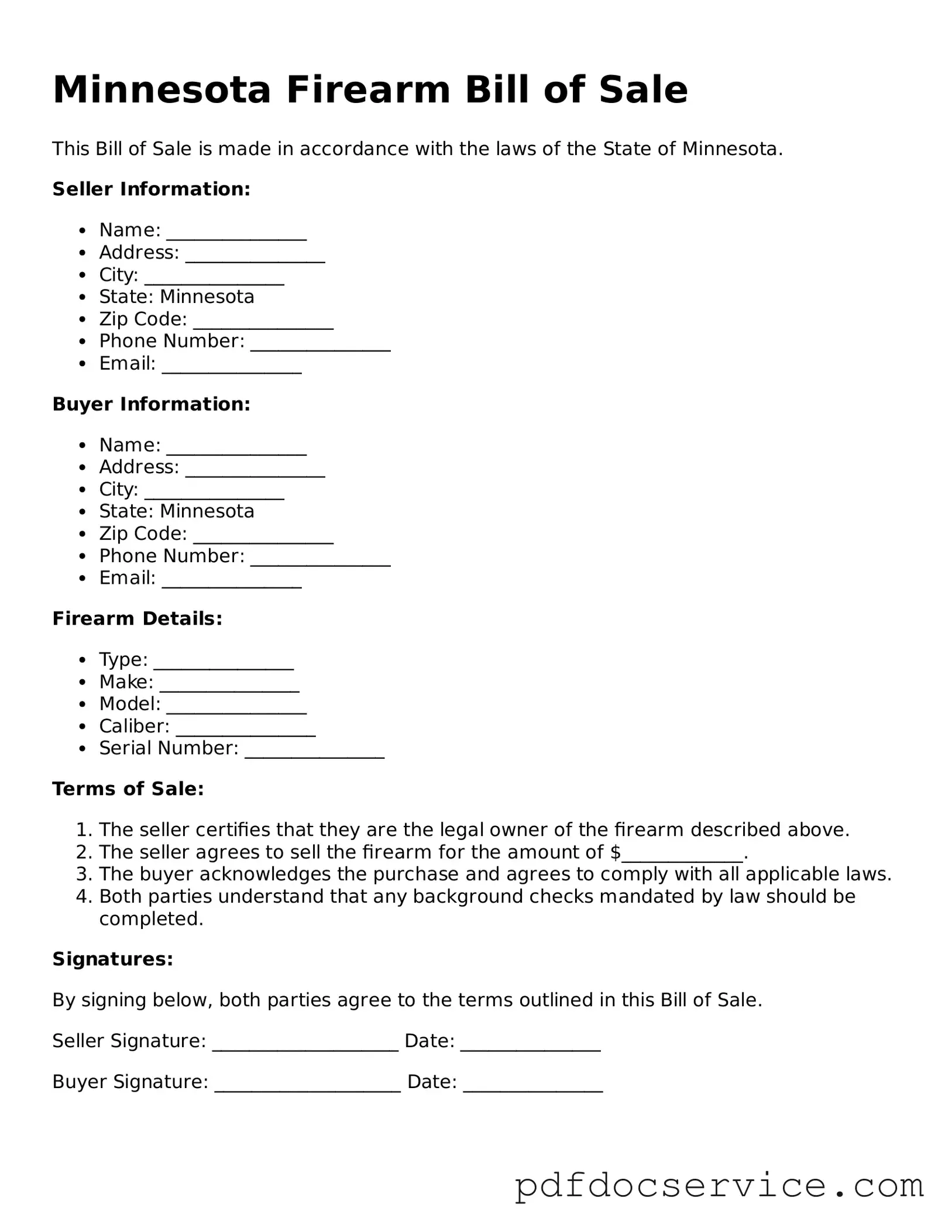 Printable  Firearm Bill of Sale Template for Minnesota