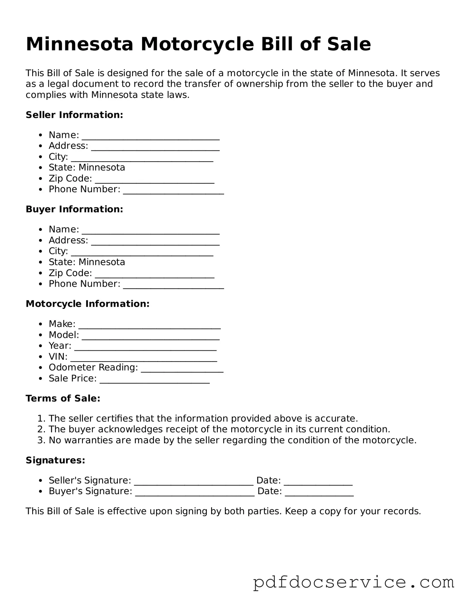 Printable  Motorcycle Bill of Sale Template for Minnesota