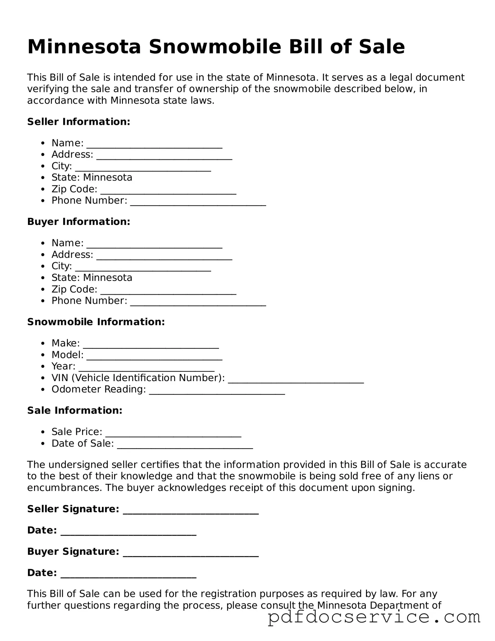 Printable  Snowmobile Bill of Sale Template for Minnesota