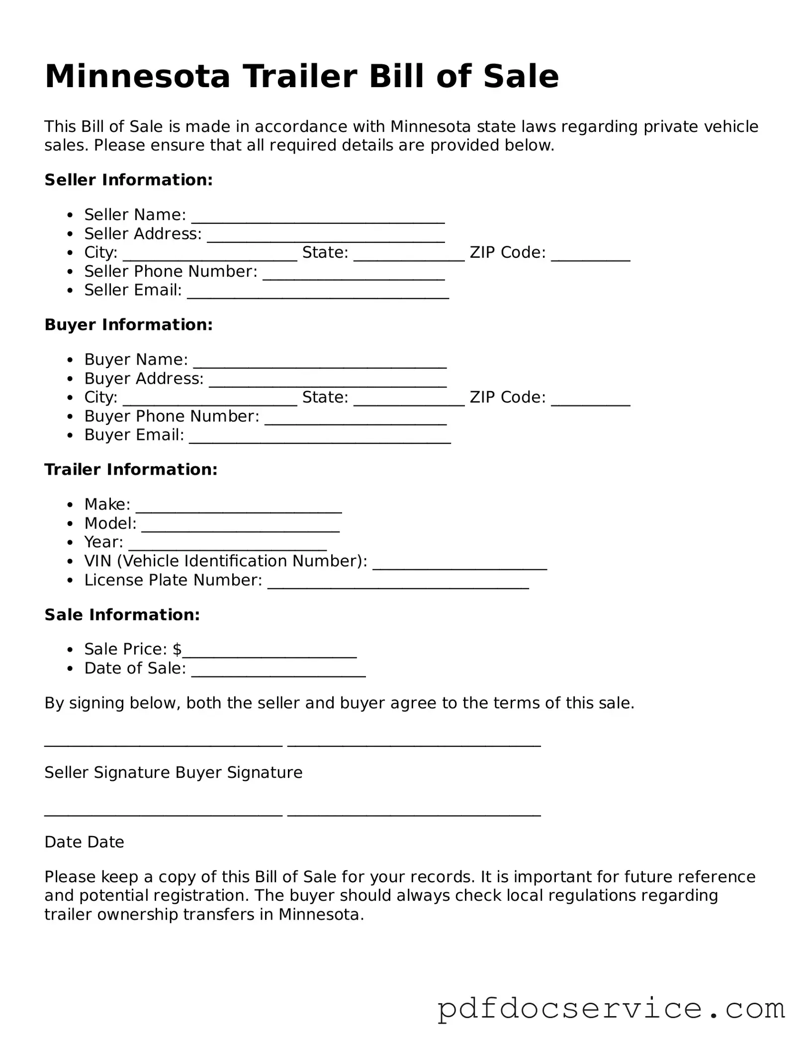 Printable  Trailer Bill of Sale Template for Minnesota
