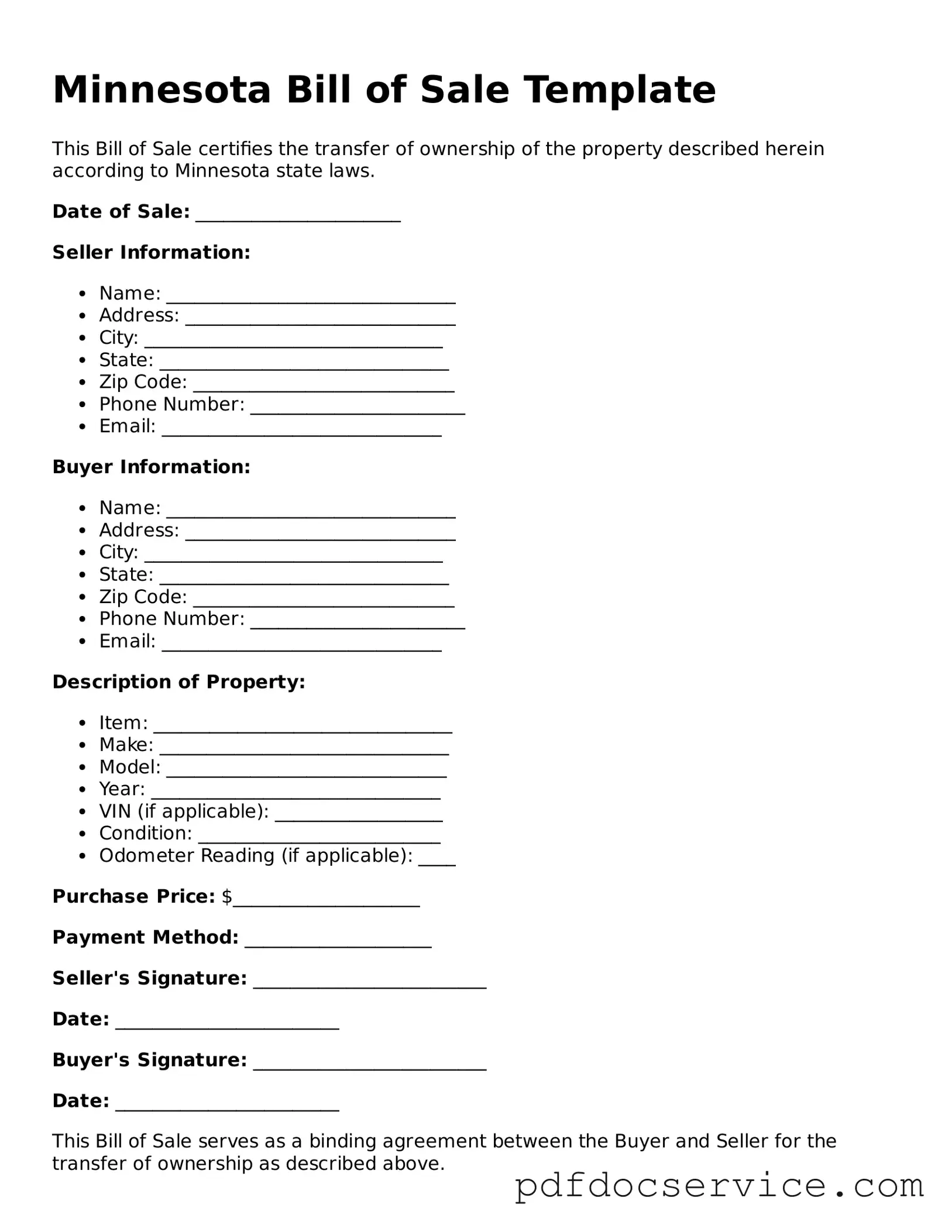 Printable  Bill of Sale Template for Minnesota