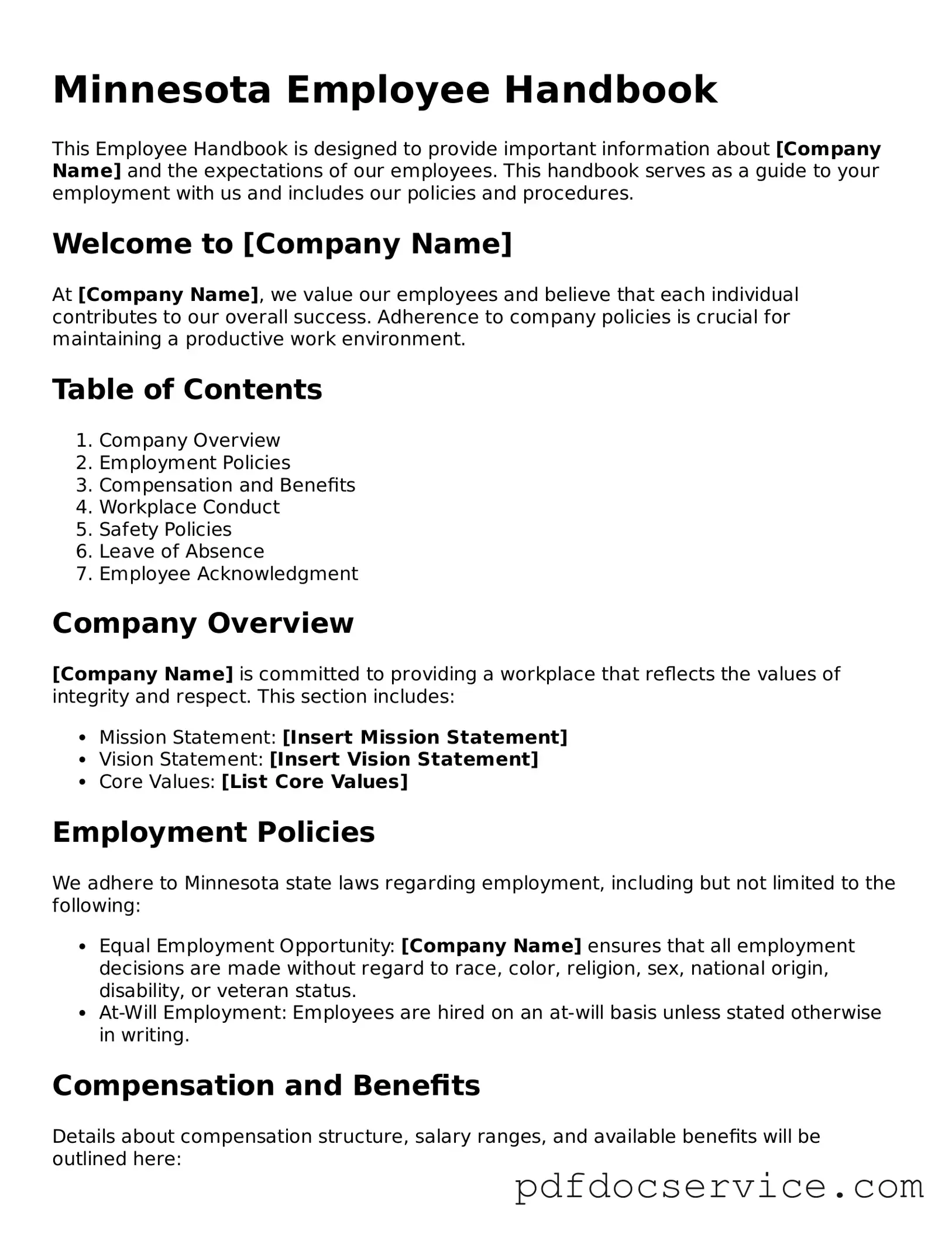 Printable  Employee Handbook Template for Minnesota