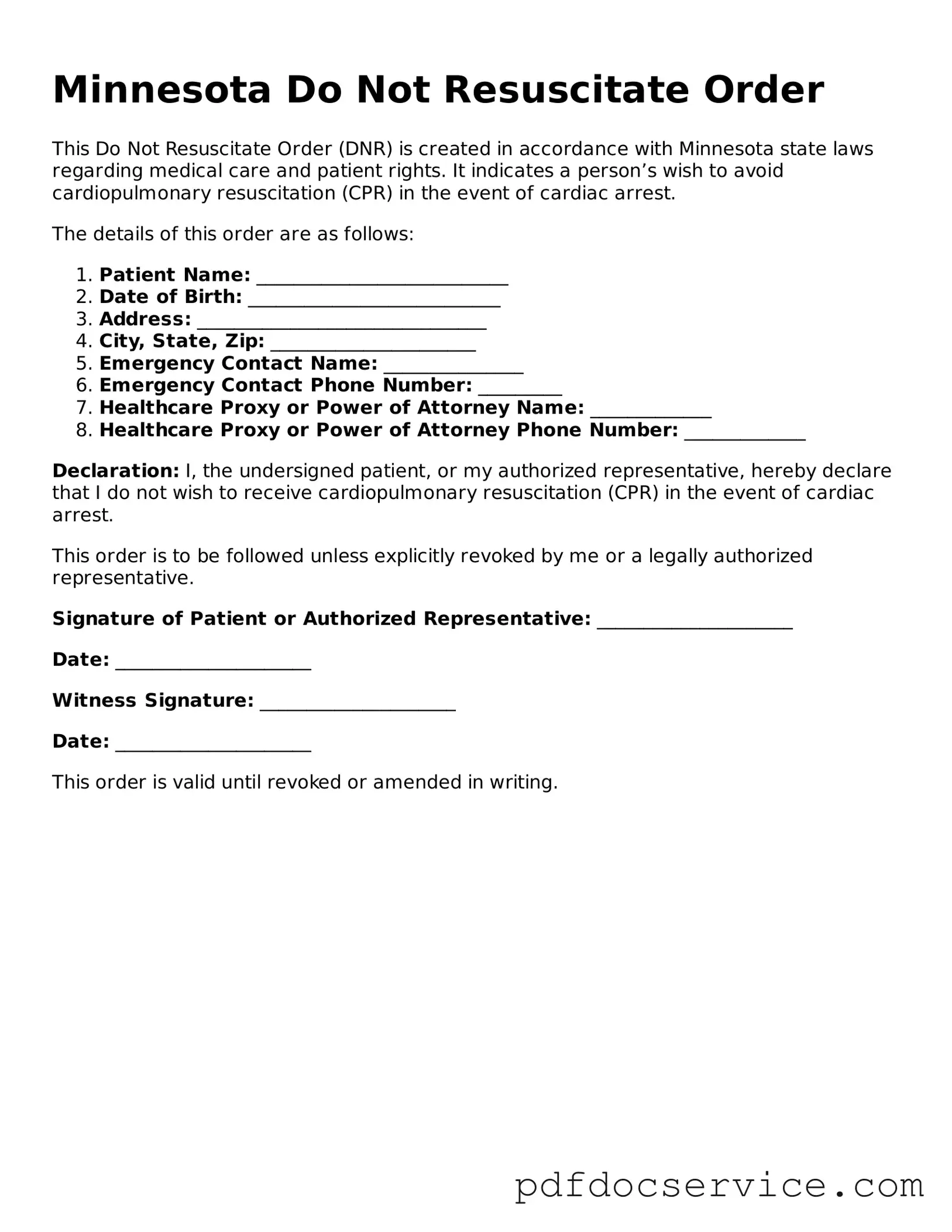 Printable  Do Not Resuscitate Order Template for Minnesota